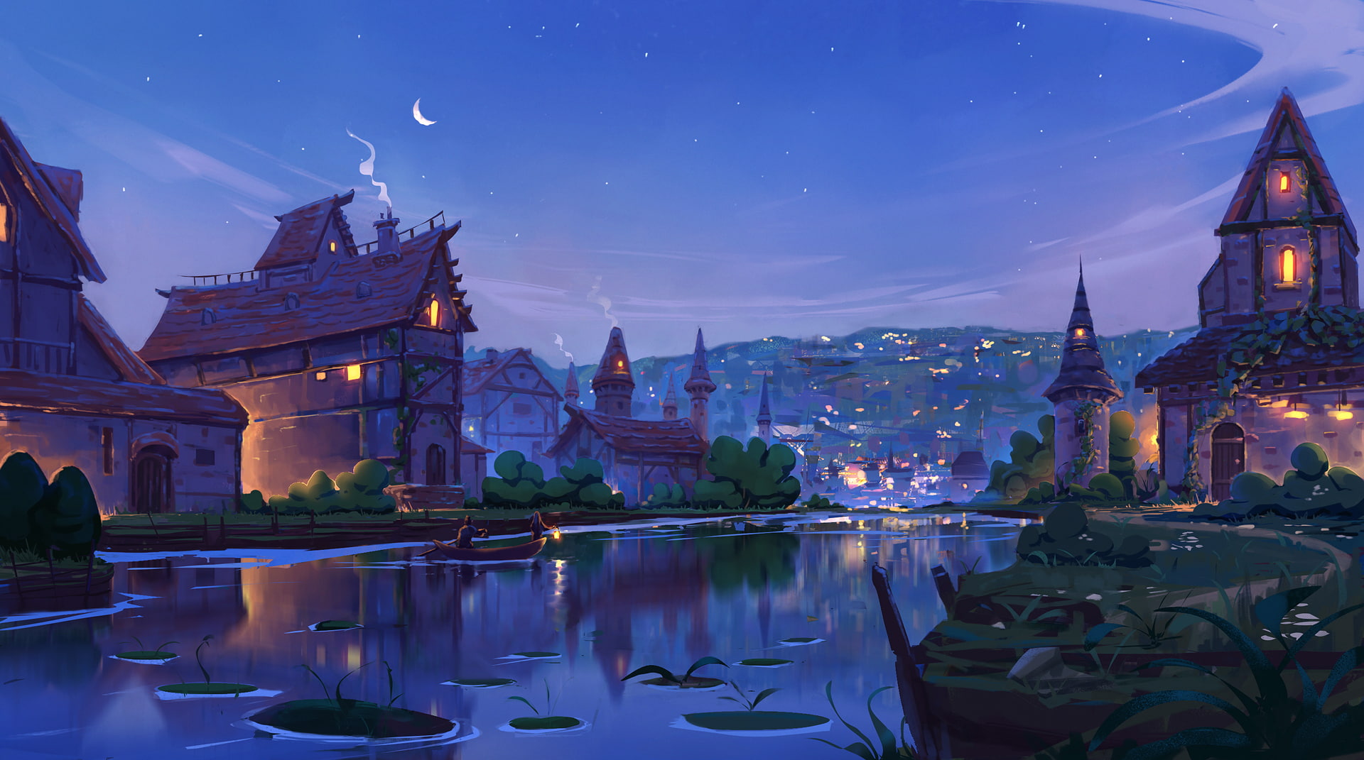1080P, boat, night, illustration, city, lagoon, digital art, HD Wallpaper