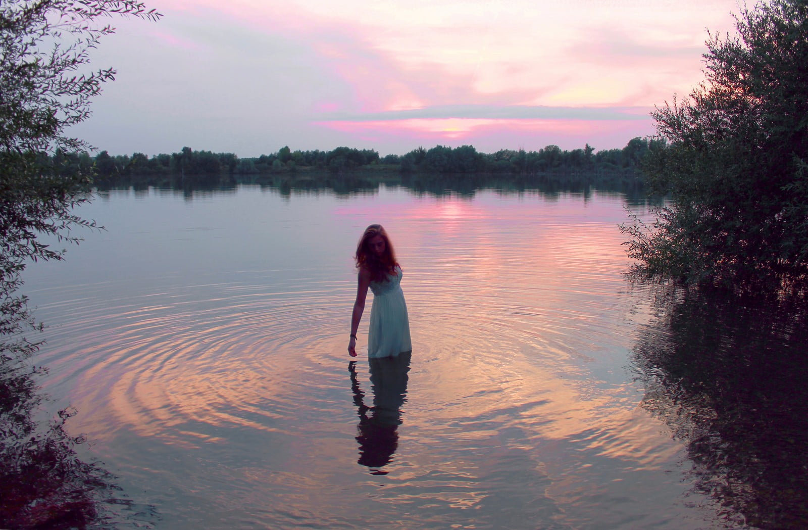reflection, standing, leisure activity, rear view, sunlight, tranquil scene, tree, lagoon, nature, beauty in nature, hairstyle, women, water, plant, sunset, HD Wallpaper