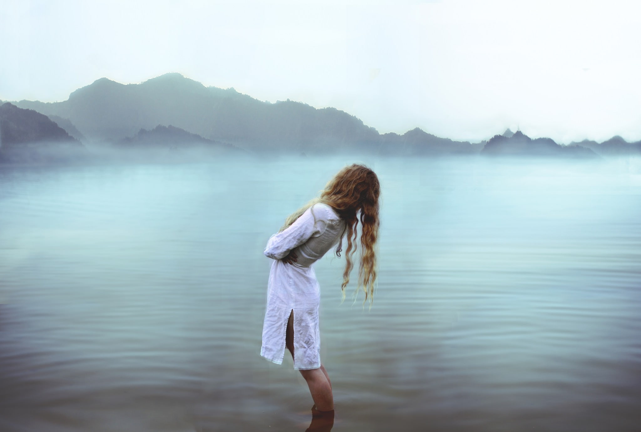women, lagoon, mist, 1080P, HD Wallpaper