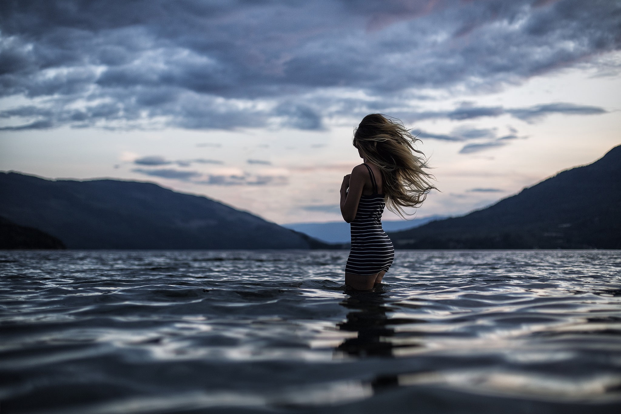 scenics - nature, sea, nature, tranquility, mountain range, waterfront, beauty in nature, lagoon, one person, water, mountain, hair, cloud - sky, outdoors, HD Wallpaper