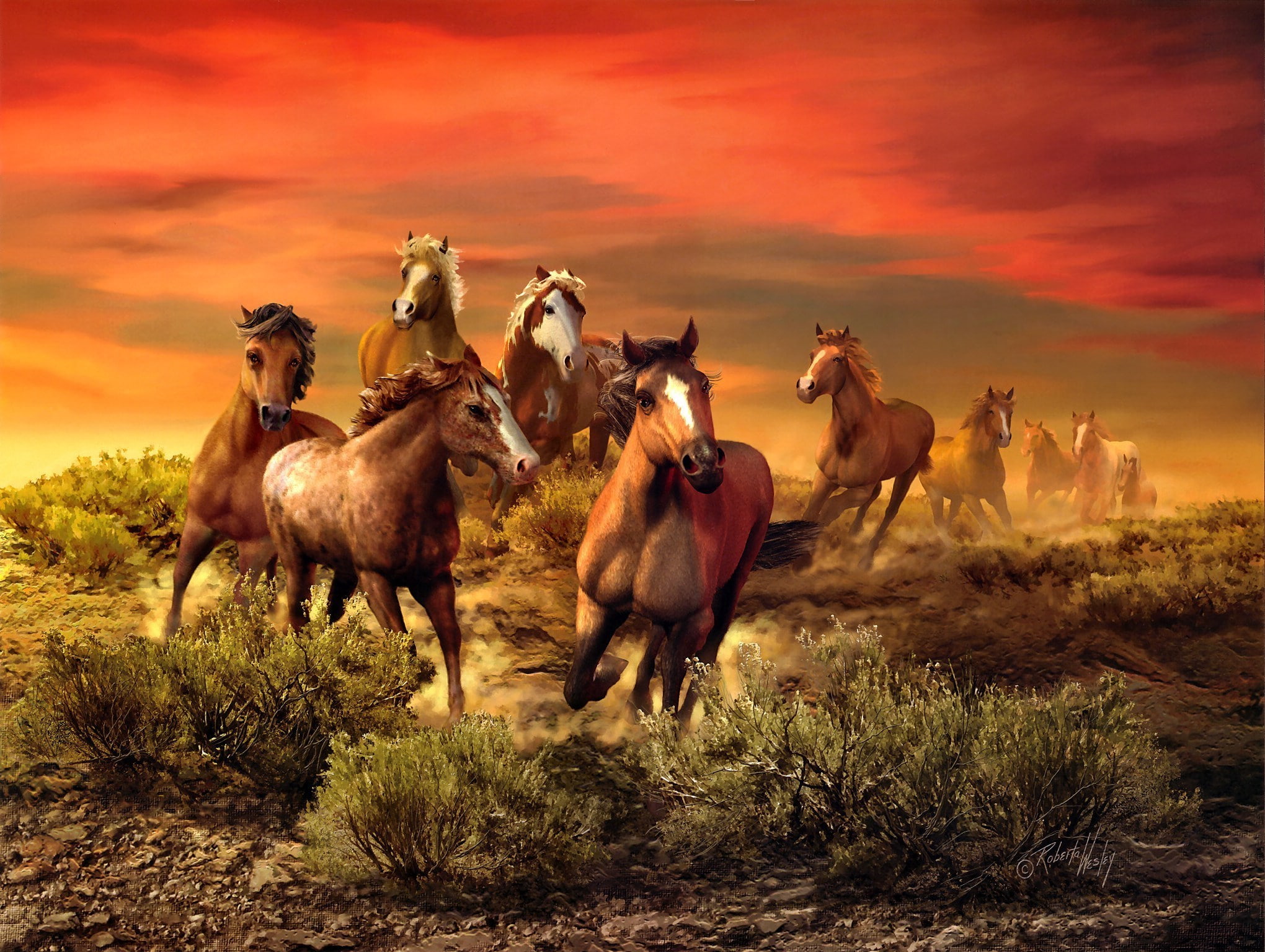 Wesley, sunrise, art, 1080P, landscapes, sky, nature, Roberta, Herd, clouds, sunset, animals, horses, HD Wallpaper