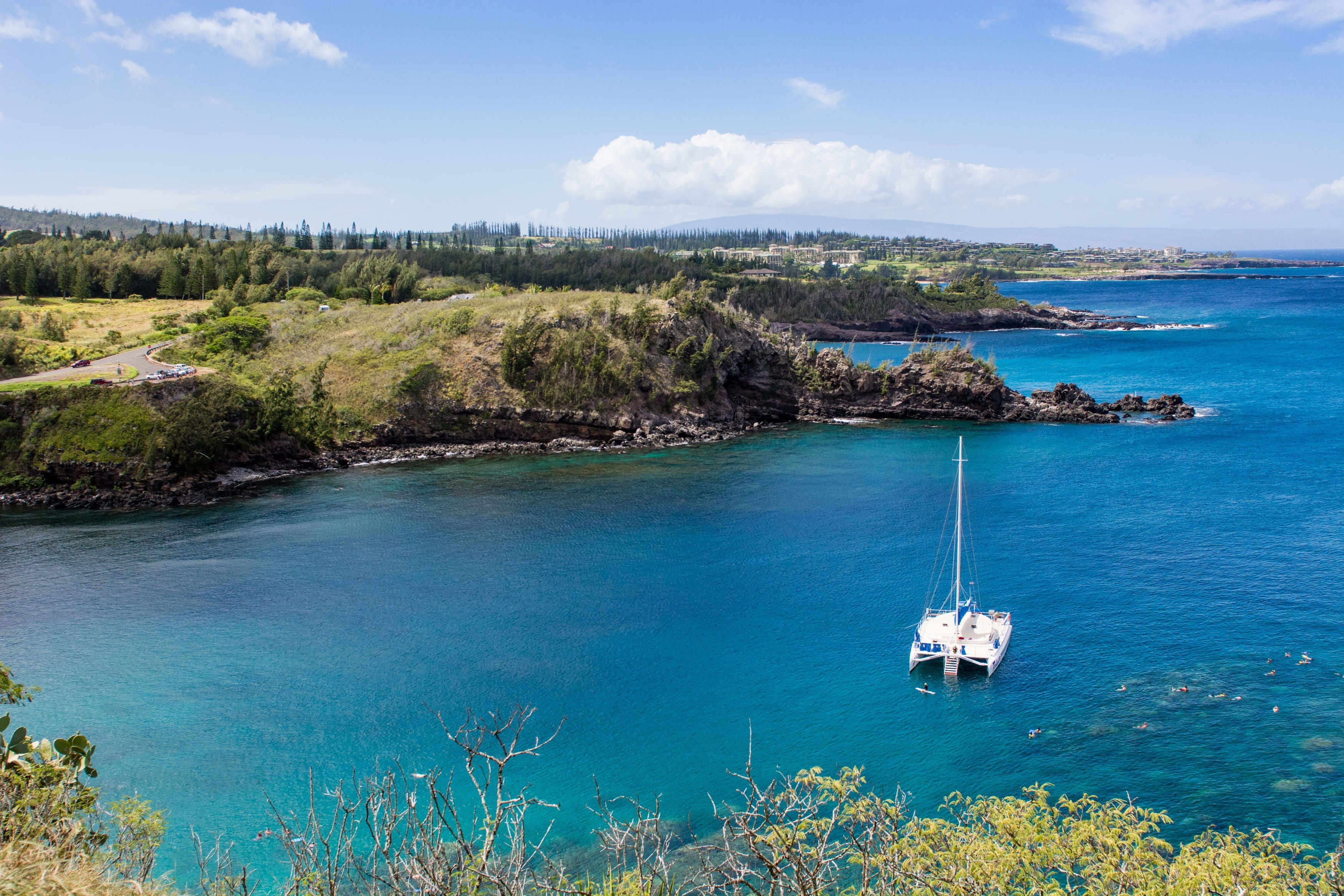 view, cloud - sky, coastline, ocean, transportation, catamaran, sea, bay, cove, no people, turquoise, turquoise colored, nautical vessel, outdoors, beauty in nature, HD Wallpaper