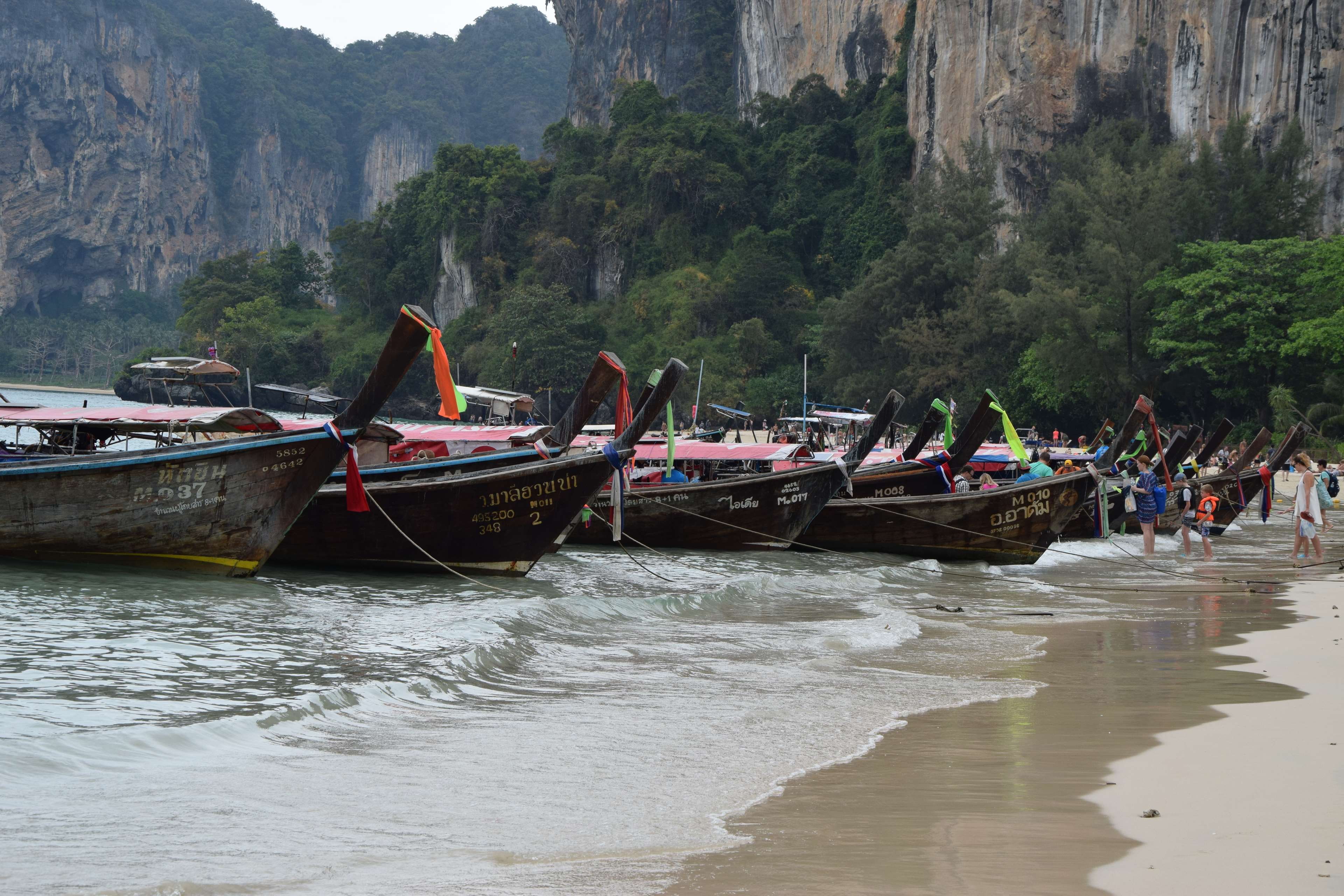 travel, waterfront, mode of transportation, nature, scenics - nature, outdoors, long tail boat, the beach, tree, maya bay, plant, transportation, beauty in nature, HD Wallpaper