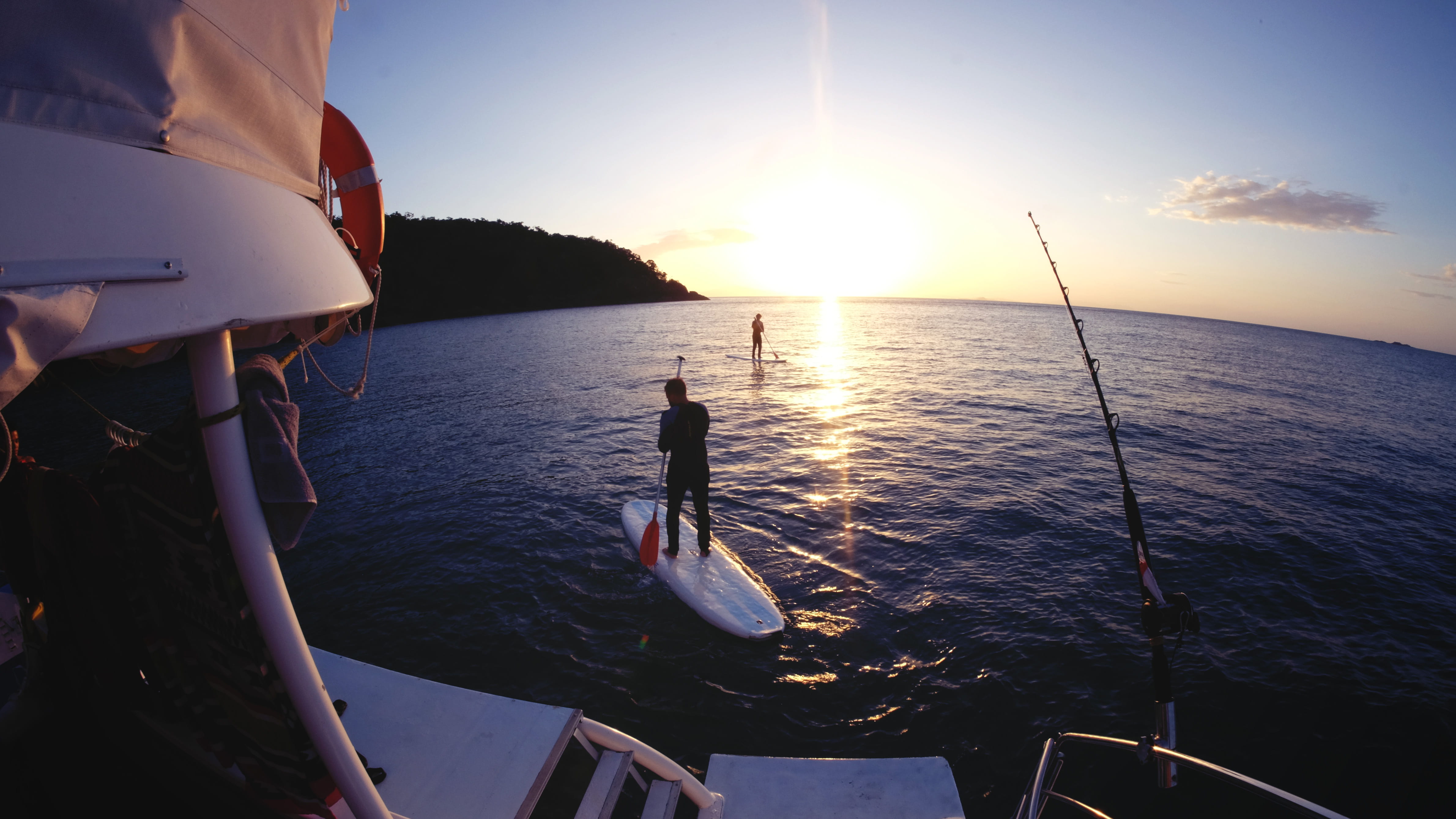 calm, 4K, scenics - nature, sky, sailboat, transportation, board, paddle, beauty in nature, ocean, sunset, sunlight, island, nature, tranquility, outdoors, HD Wallpaper