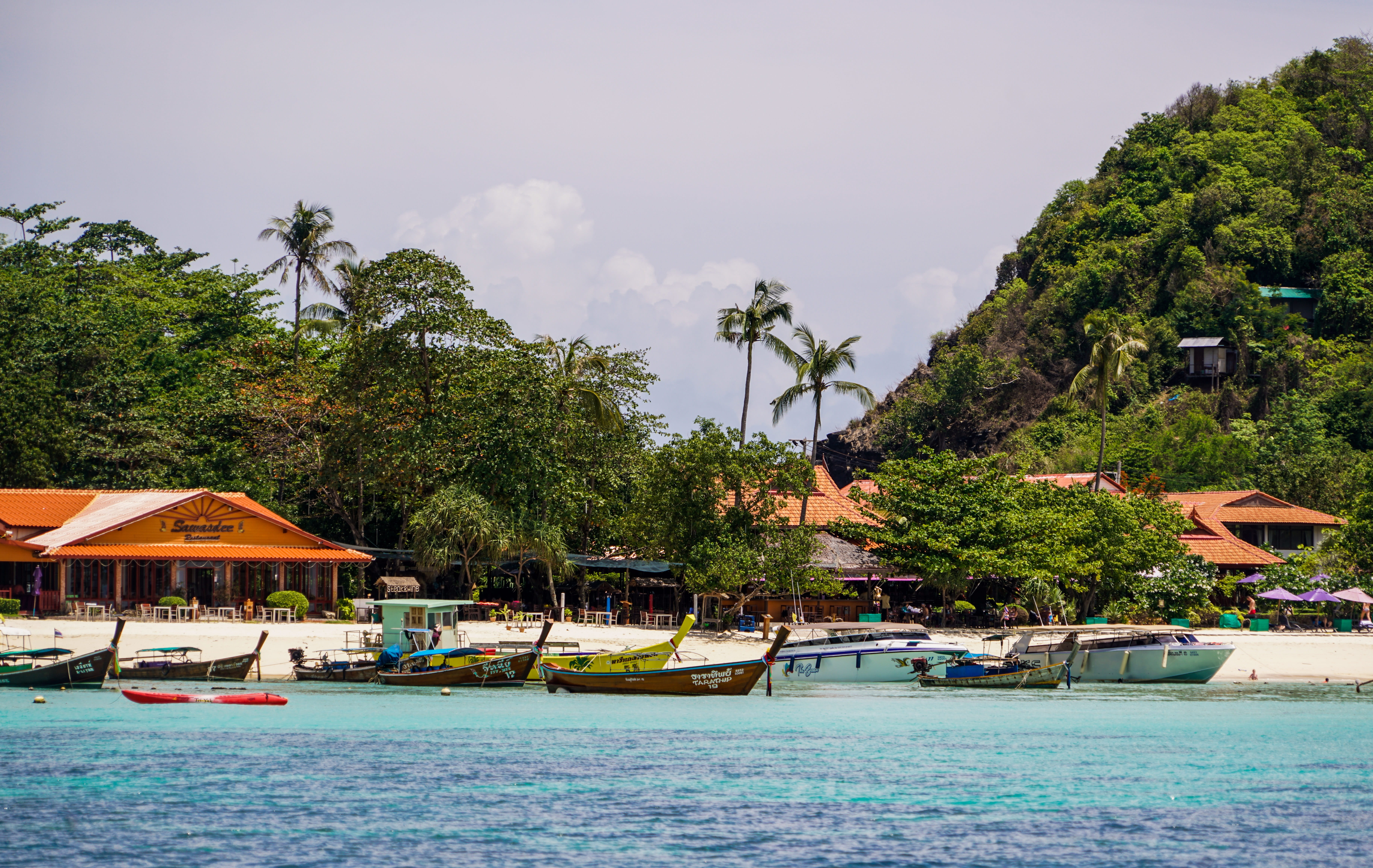 transportation, outdoor, clouds, beauty in nature, tourism, sky, water, Thailand, plant, Phuket, sea, holiday, rocks, waterfront, ocean, boats, palm tree, HD Wallpaper