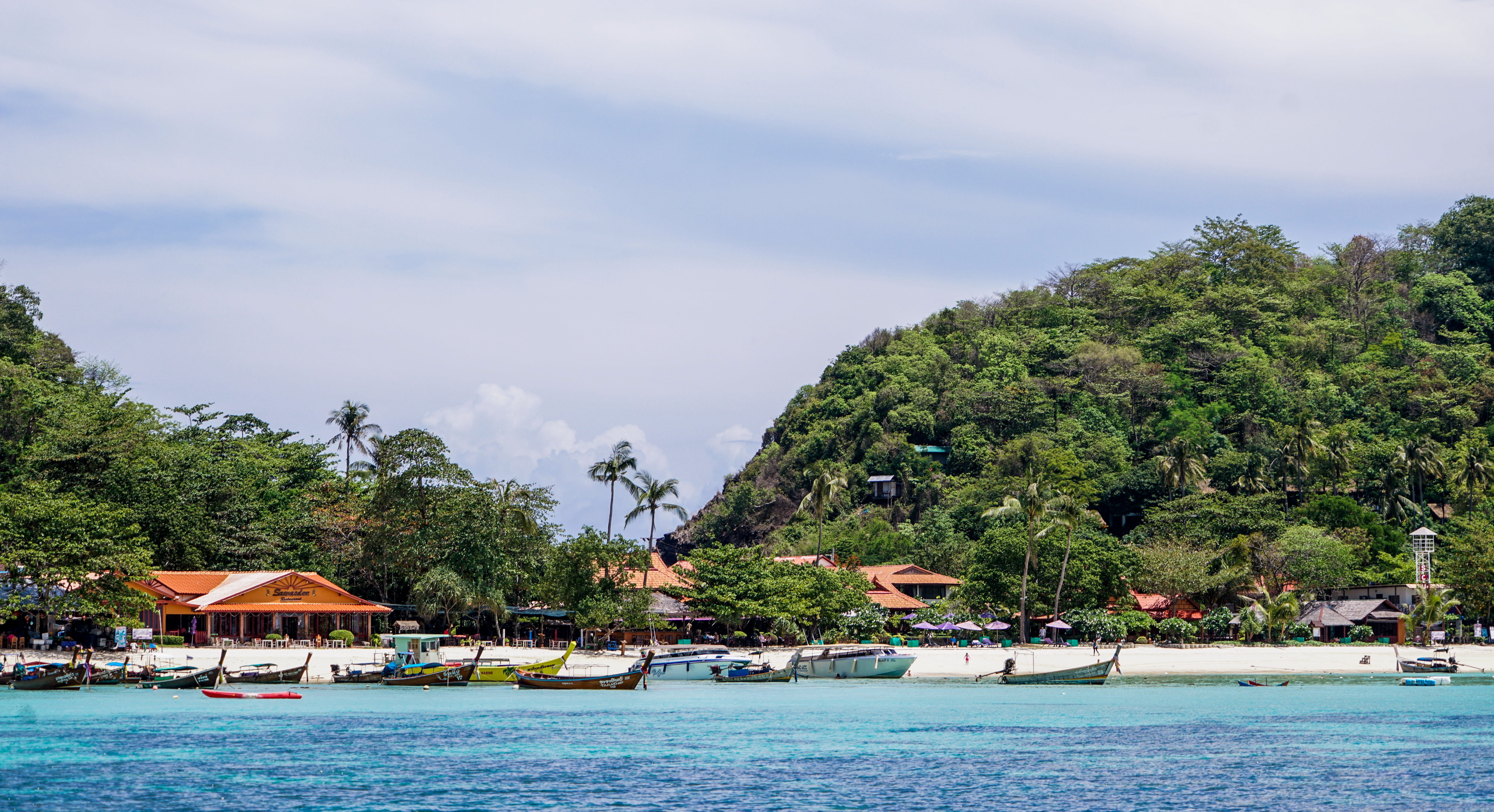tourism, Koh Phi Phi, colorful boats, outdoors, water, sea, no people, mountain, asia, 5K, landscape, andaman, outdoor, sky, seascape, built structure, HD Wallpaper