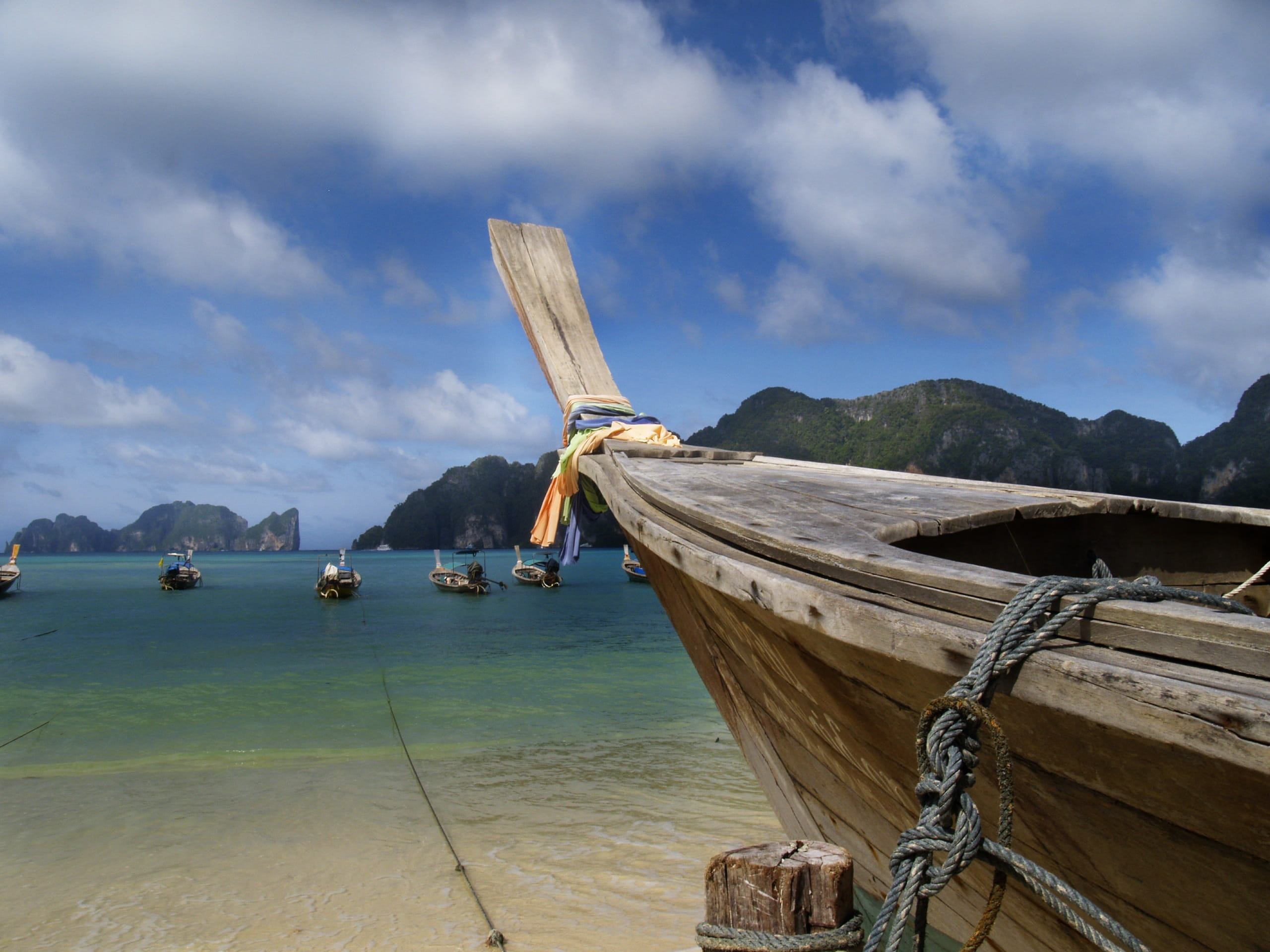 Phi Phi, tied up, Thailand, phuket beach, mountain range, phi phi travel, day, sky, nautical vessel, mountain, no people, nature, around phi phi, koh phi phi, HD Wallpaper