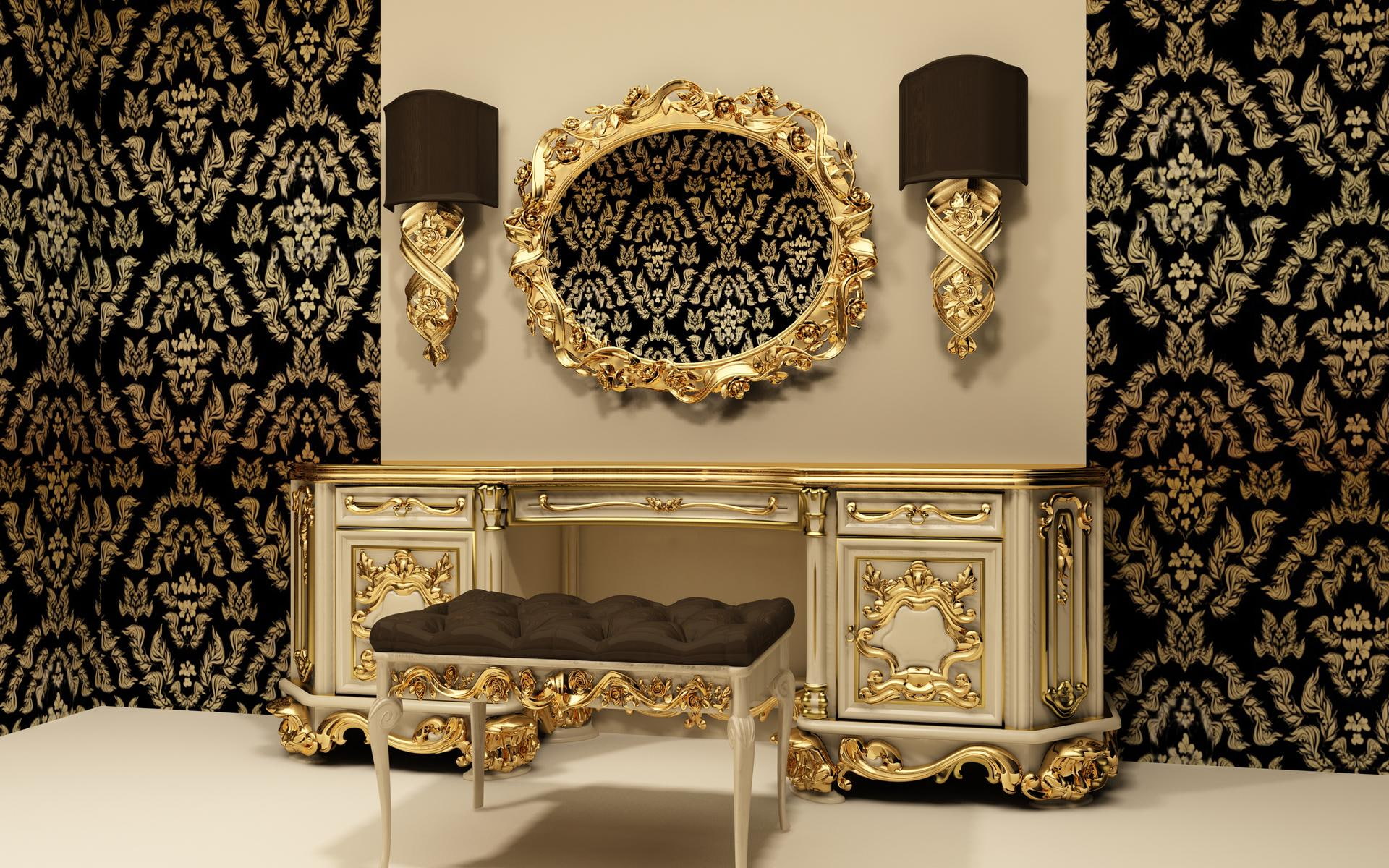 gold, nature and landscapes, mirror, white, room, interior, 1080P, dresser, decoration, HD Wallpaper