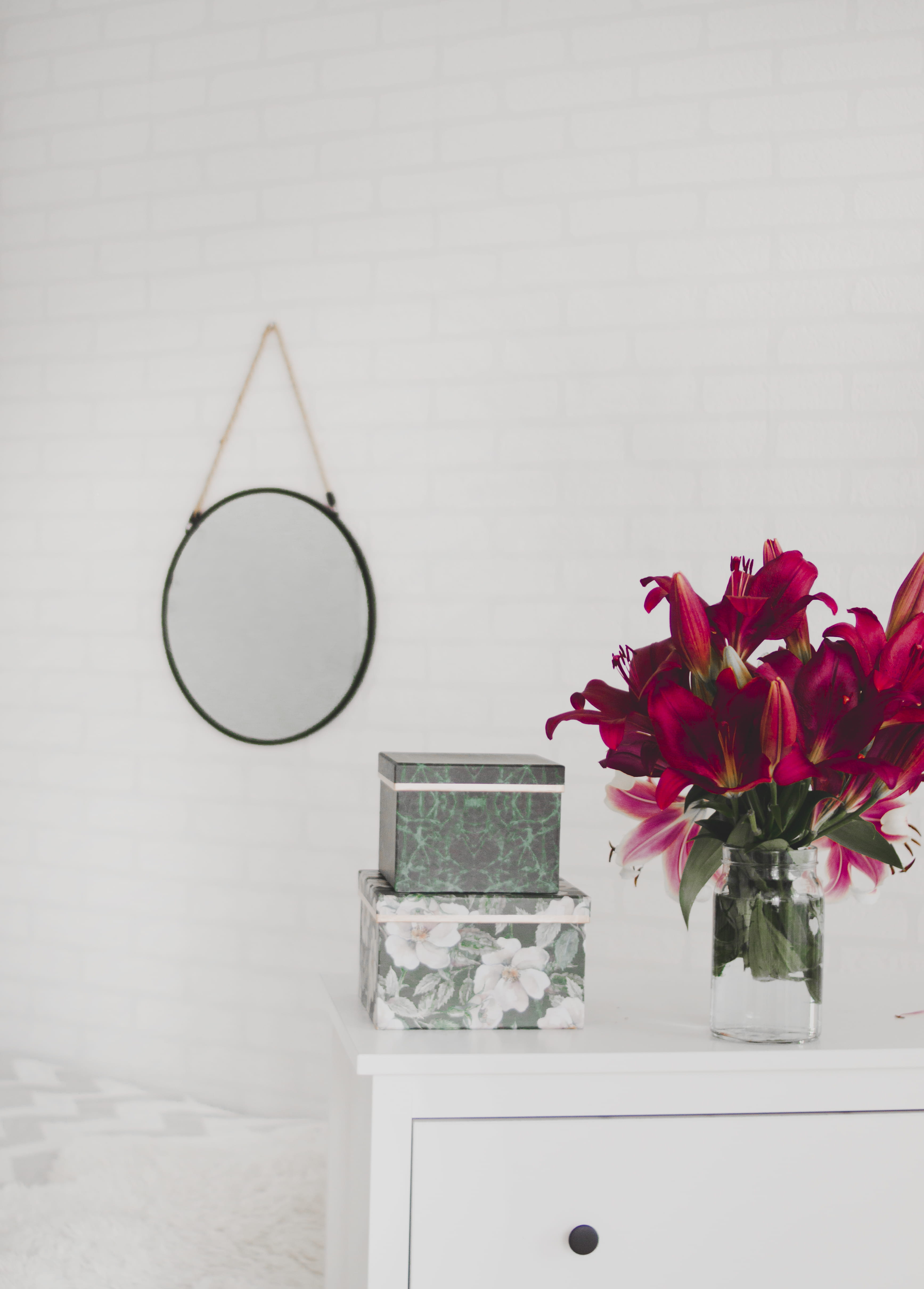 no people, color, red, nature, flower head, flower, beautiful, white, centerpiece, indoors, flowers, room, fragility, flora, plant, dresser, wooden, bouquet, Phone HD Wallpaper