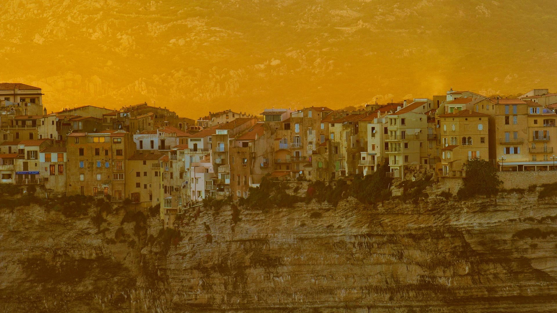 architecture, France, filter, cliff, house, 1080P, trees, mountains, old building, town, rock, building, Corsica, HD Wallpaper