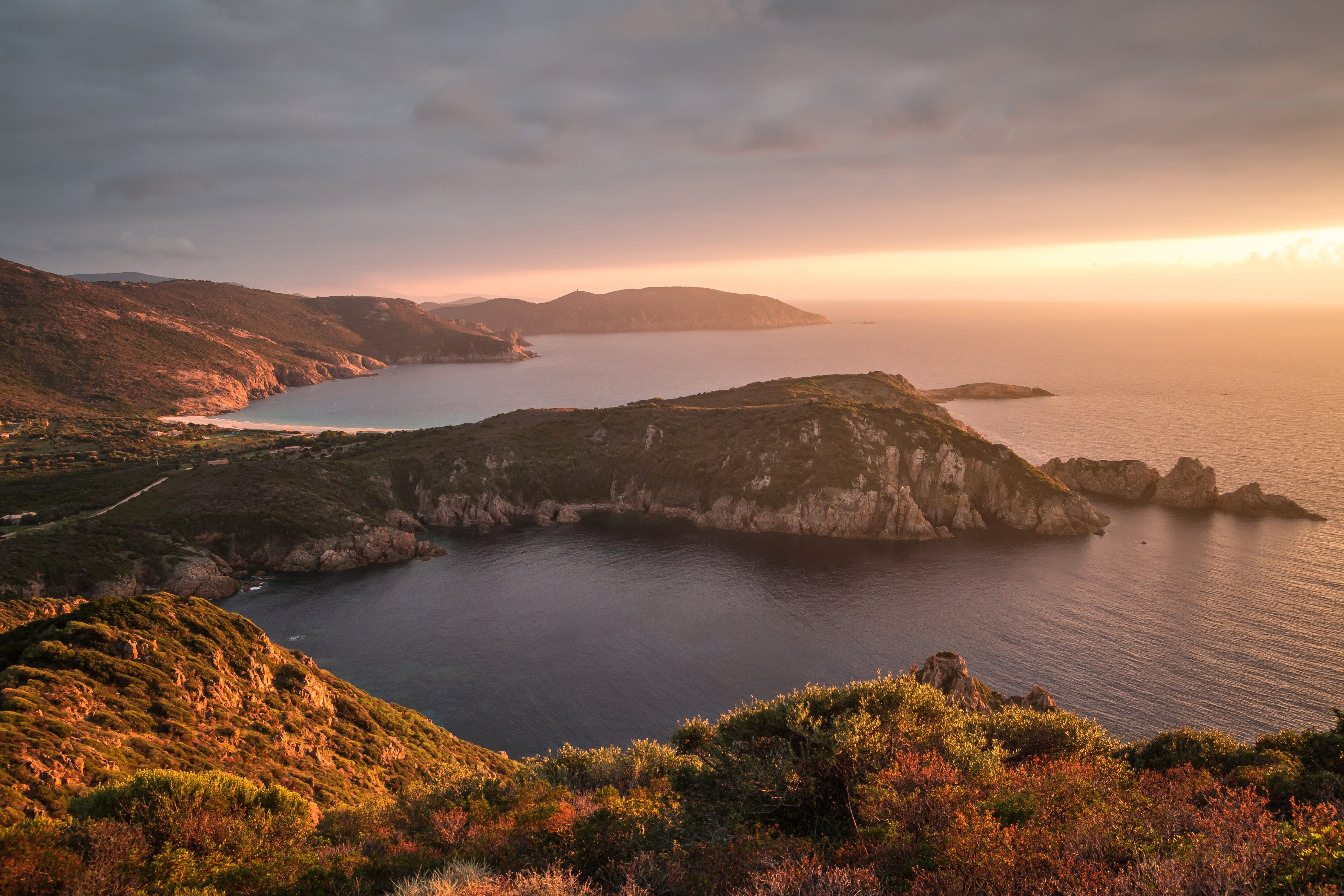 sea, sunsets, Corsica, Nature, environment, cloud - sky, beauty in nature, 4K, France, Scenery, outdoors, land, sunset, Sunrises, water, plant, tranquility, HD Wallpaper