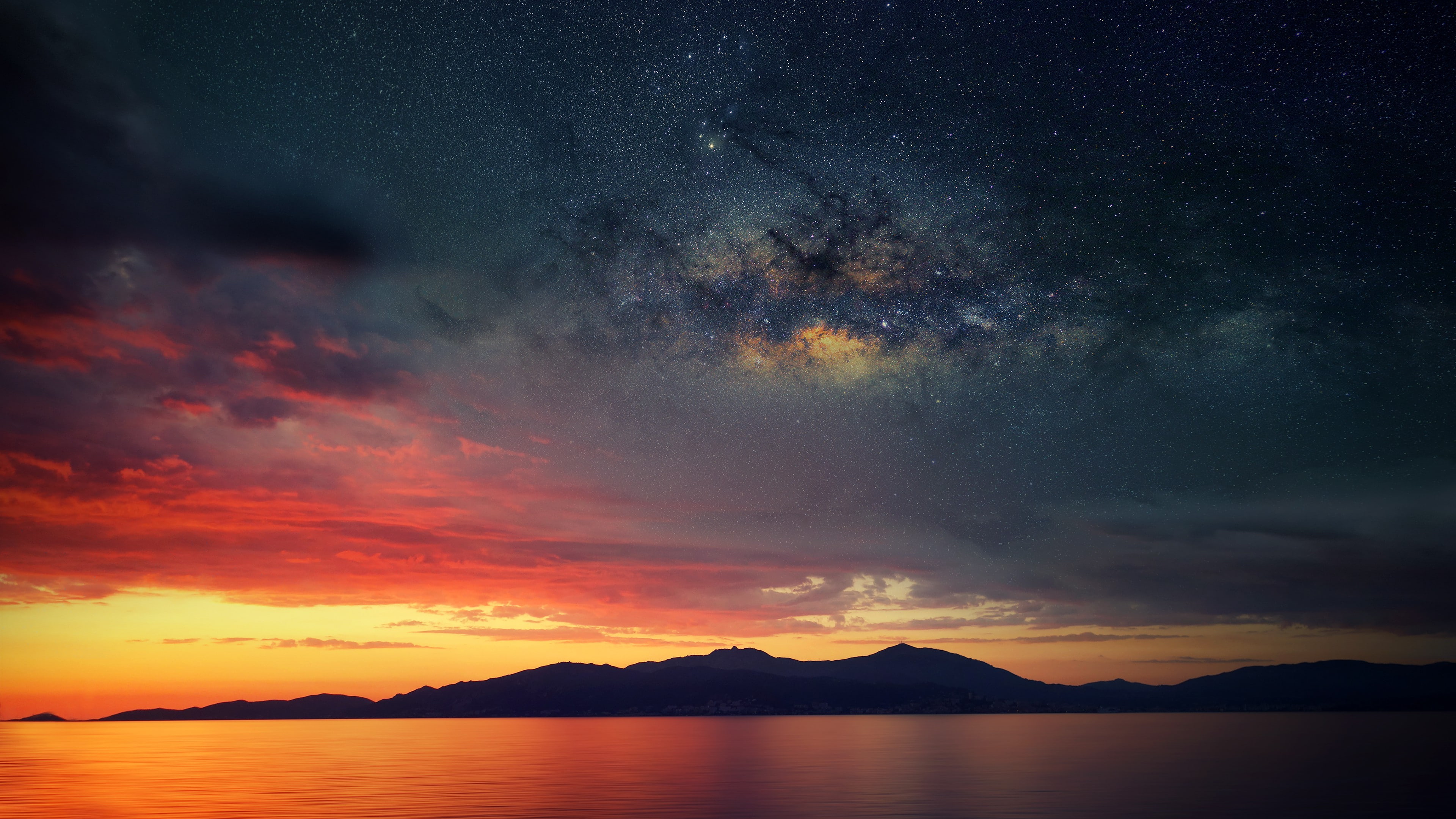sea, 4K, reflection, silhouette, clouds, the Milky Way, dusk, mirror, stars, France, Corsica, HD Wallpaper
