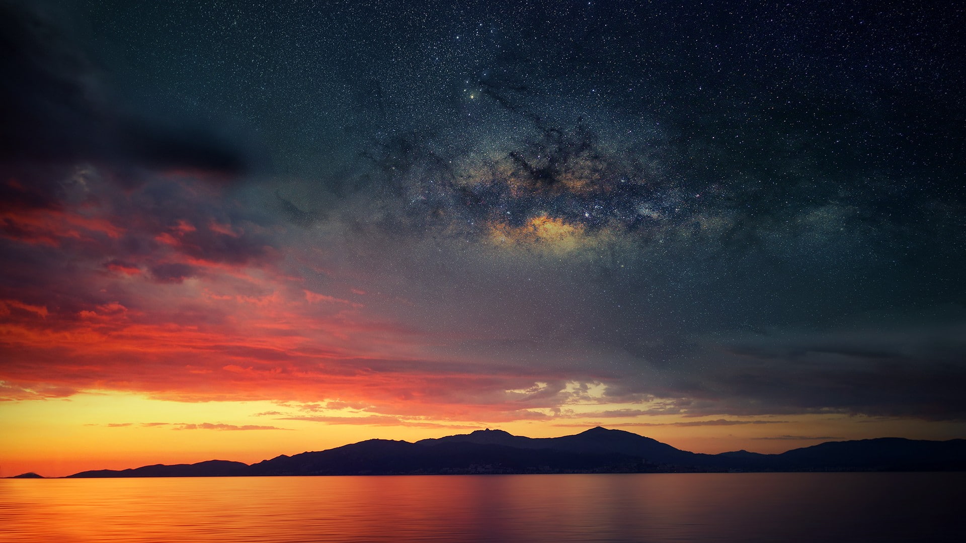 sea, 1080P, Corsica, abstract, water, space, sunset, HD Wallpaper