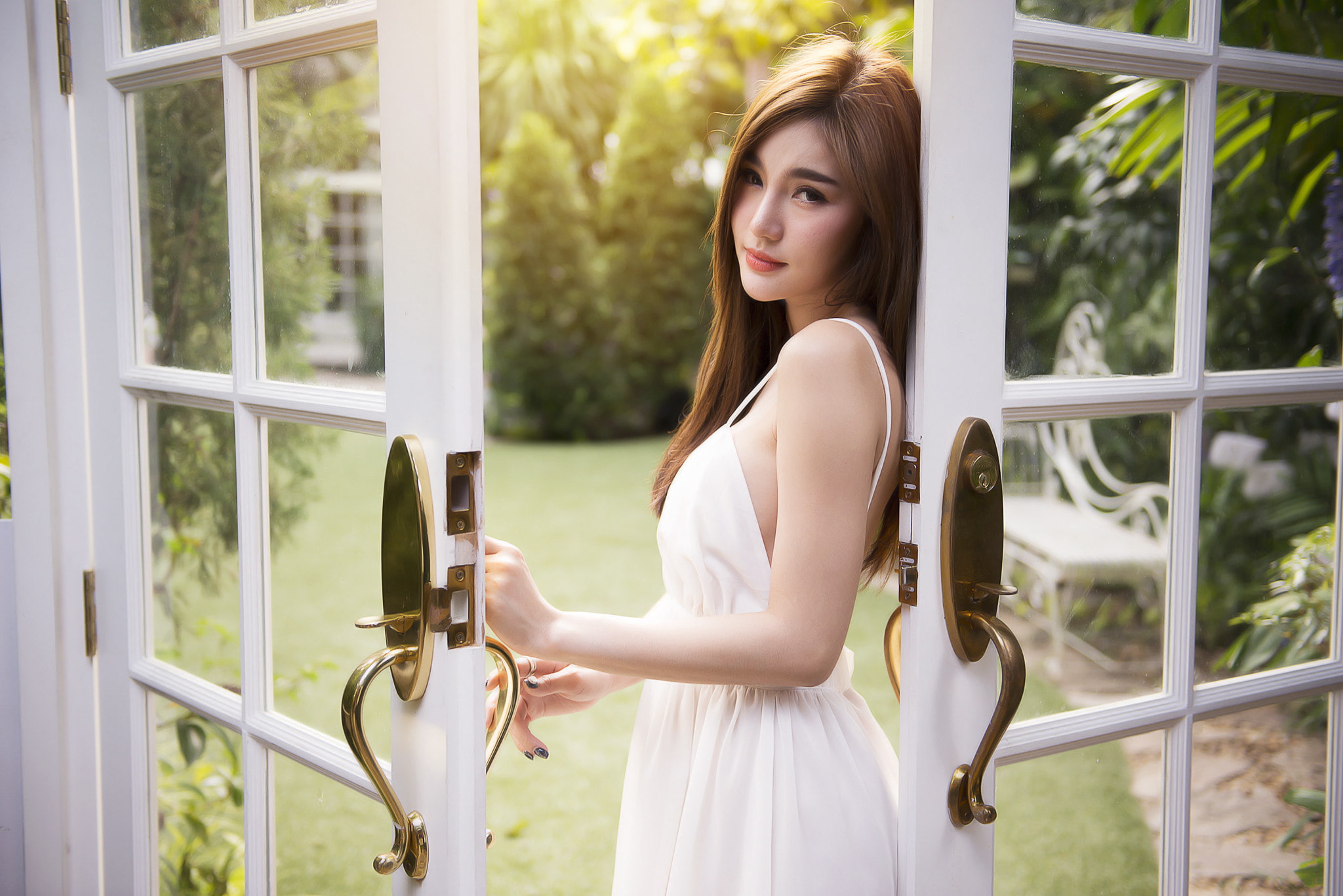 standing, portrait, one person, hairstyle, 1080P, holding, young women, young adult, beautiful woman, dress, window, contemplation, adult, outdoors, women, HD Wallpaper