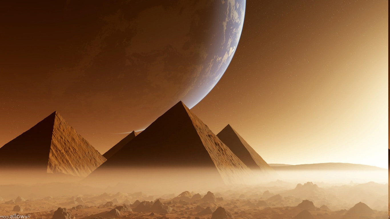 sky, 720P, space, mountain, landscape, architecture, sunlight, travel destinations, sun, shape, sunset, outdoors, pyramid, digital composite, astronomy, HD Wallpaper