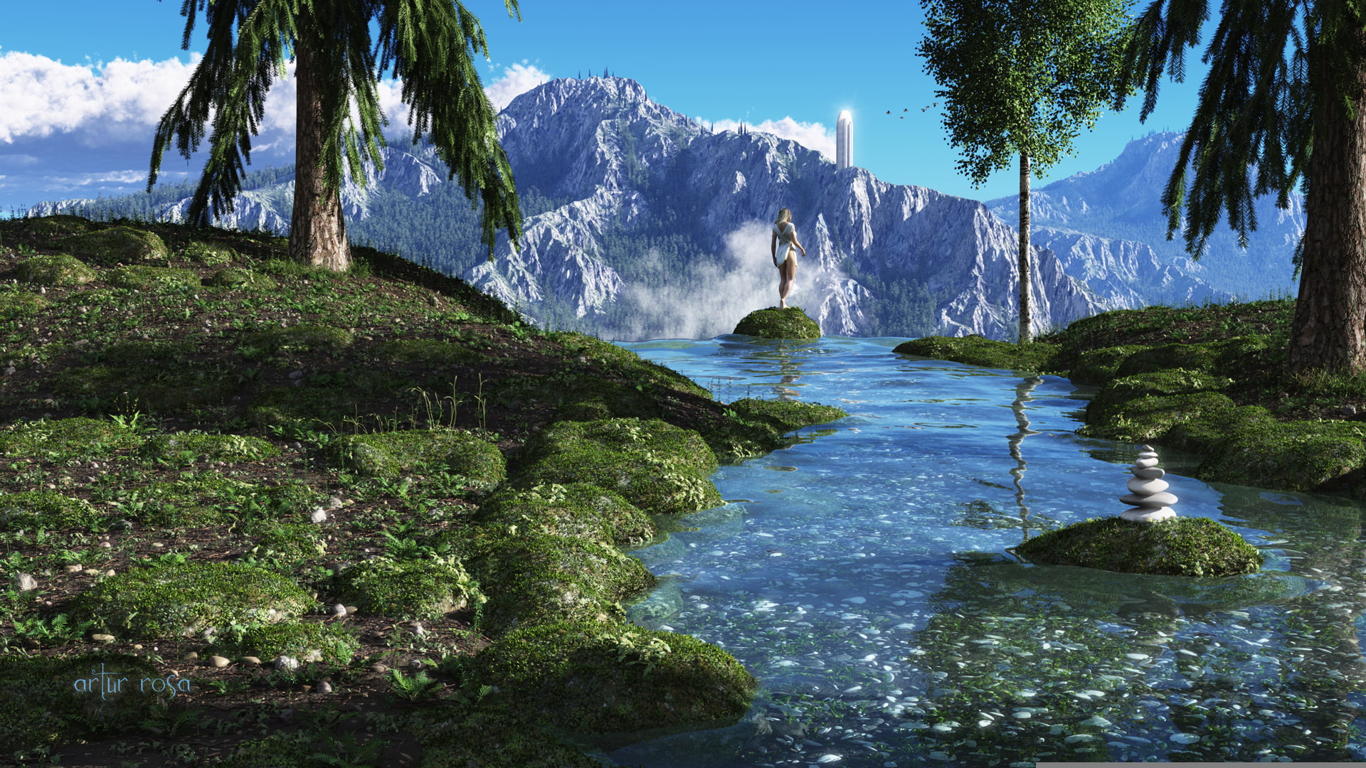 mountains, 1080P, stream, view, stone, ridge, render, girl, tower, stones, pyramid, trees, river, HD Wallpaper