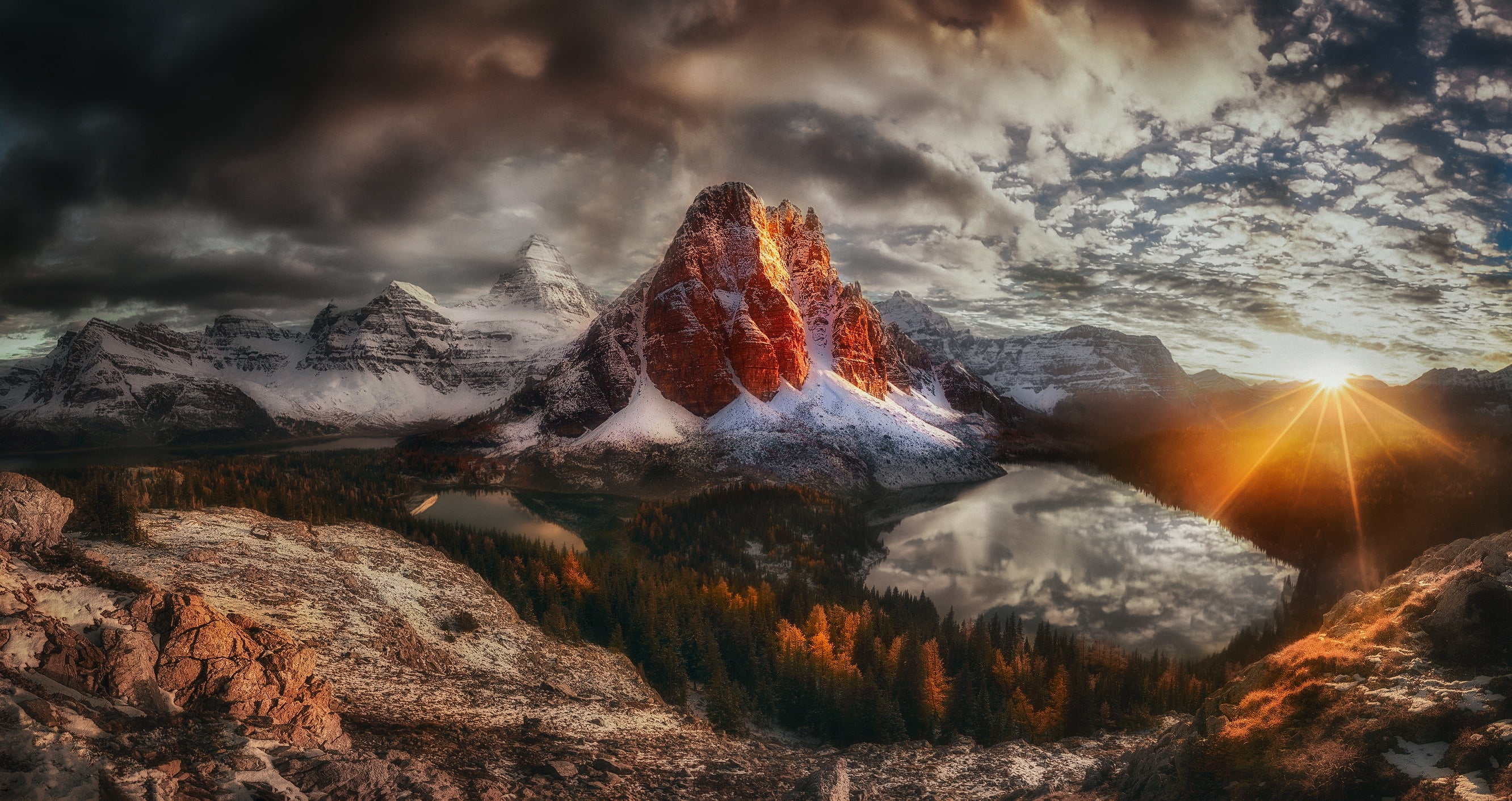 clouds, British Columbia, light, mountains, Assiniboine, the darkness, autumn, rocks, pyramid mountain, 2K, the sun, Canadian Rockies, Canada, HD Wallpaper