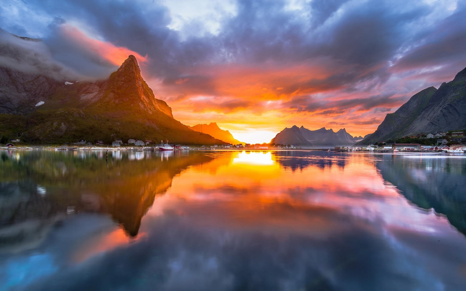 mountains, village, water, clouds, Norway, sea, island, landscape, midnight, fjord, sunset, nature, sky, 1080P, summer, reflection, Sun, HD Wallpaper