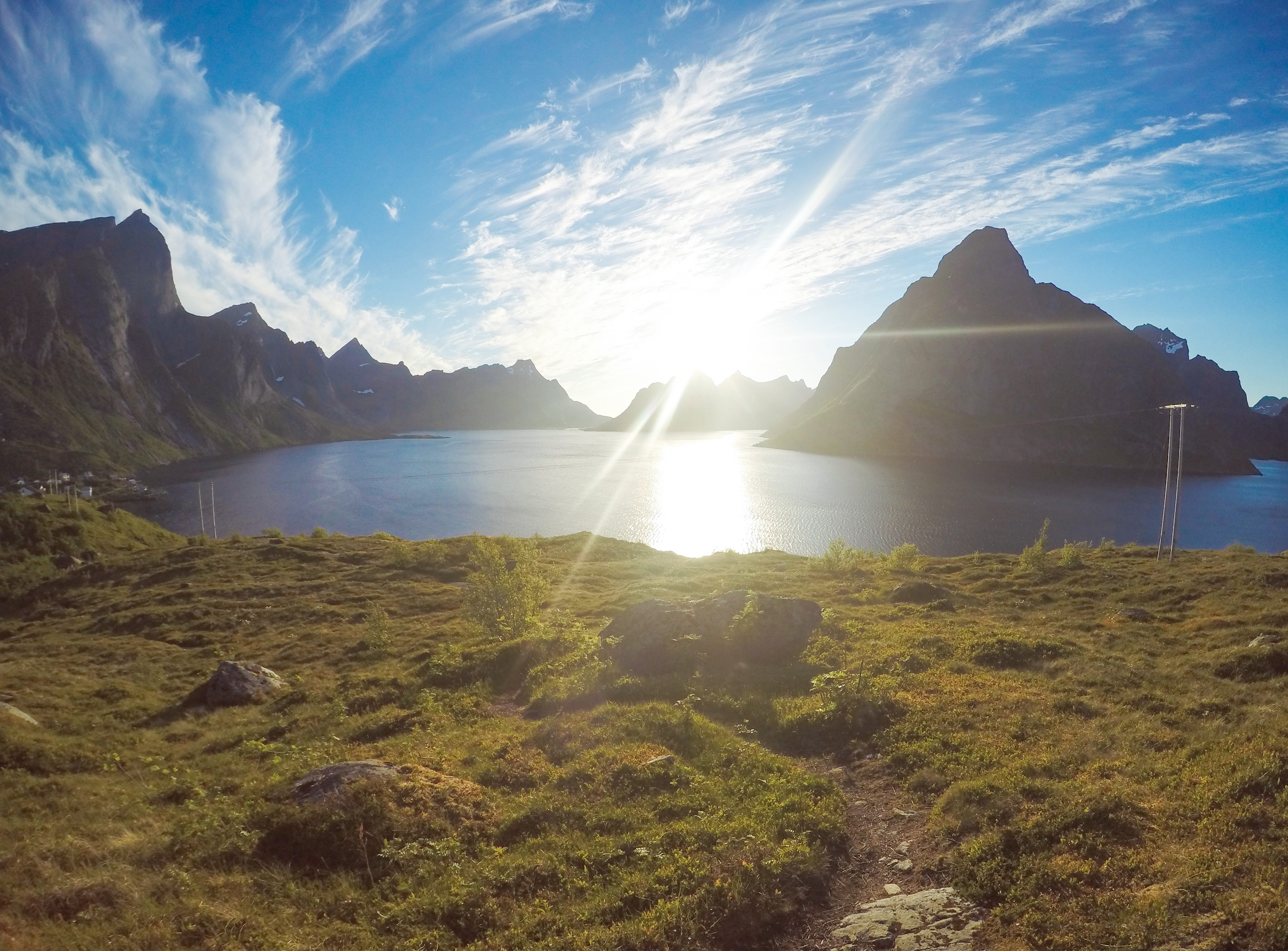 mountain, grass, sun, 4K, non-urban scene, landscape, scenics - nature, lofoten, cloud - sky, plant, nature, sunlight, beautiful, sunbeam, outdoors, fjords, HD Wallpaper