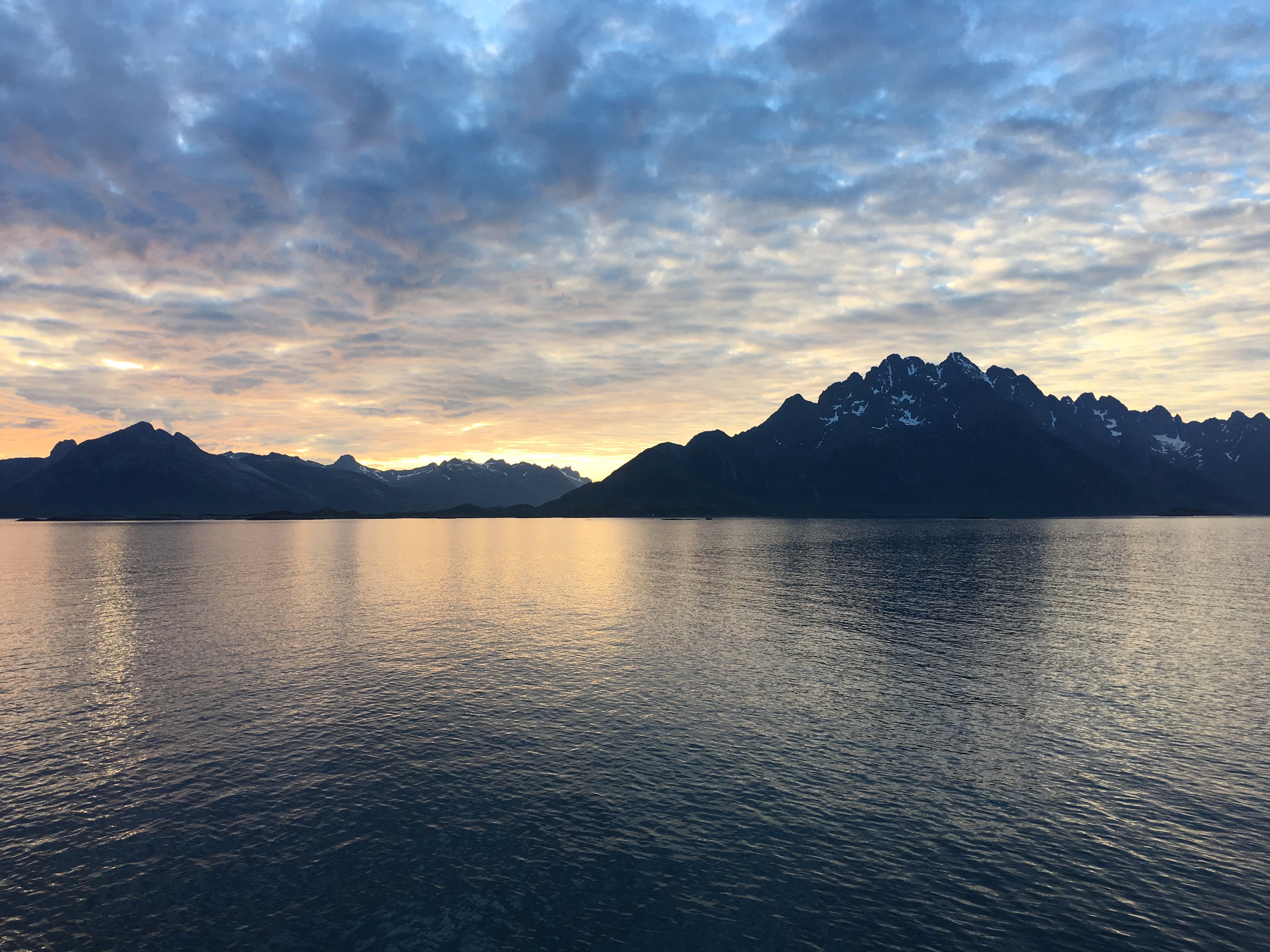dramatic sky, cloud - sky, tranquility, sea, reflection, sunset, 4K, idyllic, beauty in nature, mountain range, fjords, sunlight, tranquil scene, waterfront, HD Wallpaper
