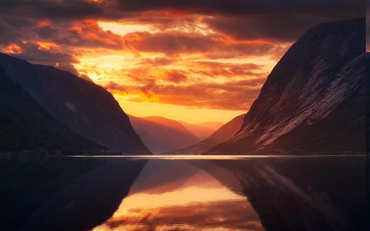 mist, tranquil scene, clouds, sky, Norway, scenics - nature, summer, cloud - sky, non-urban scene, landscape, water, nature, Midnight, beauty in nature, HD Wallpaper