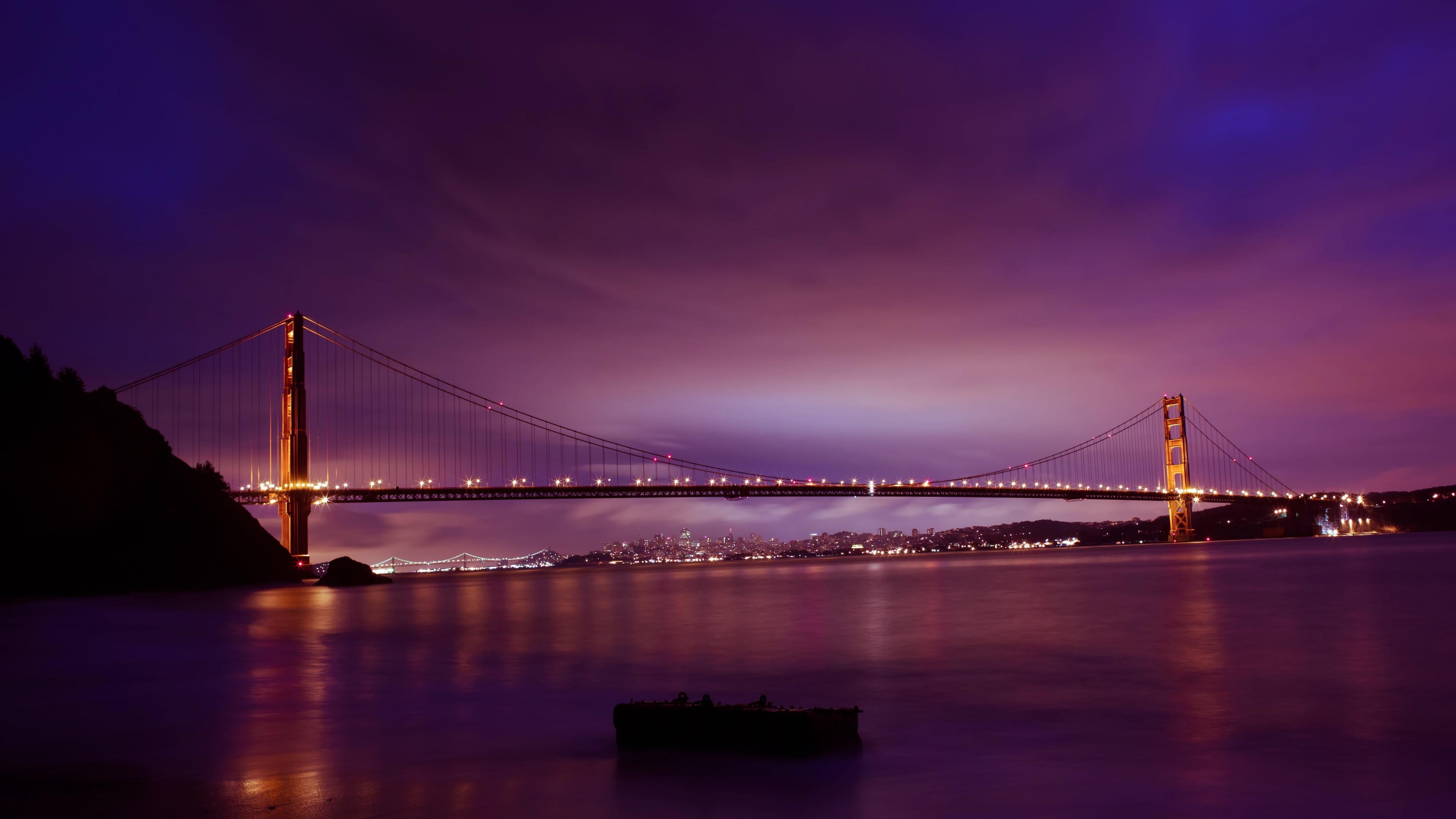 suspension bridge, landmark, horizon, nature, architecture, golden gate bridge, 4K, night time, purple landscape, travel, california, bay, afterglow, built structure, HD Wallpaper