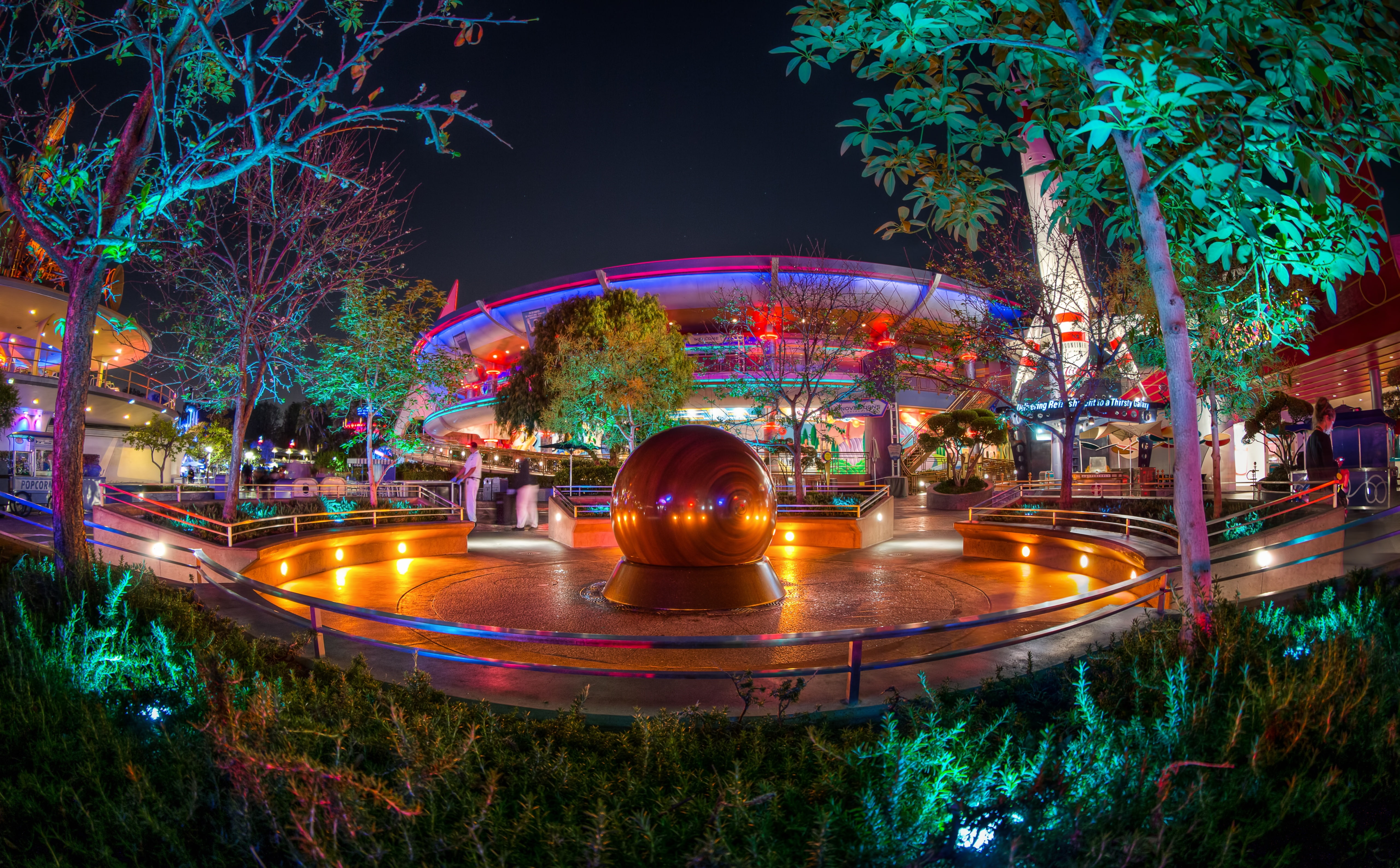 lighting equipment, built structure, architecture, statue, kugel, silver, water, tree, sphere, Disneyland, city, fountain, amusement park, California, illuminated, HD Wallpaper
