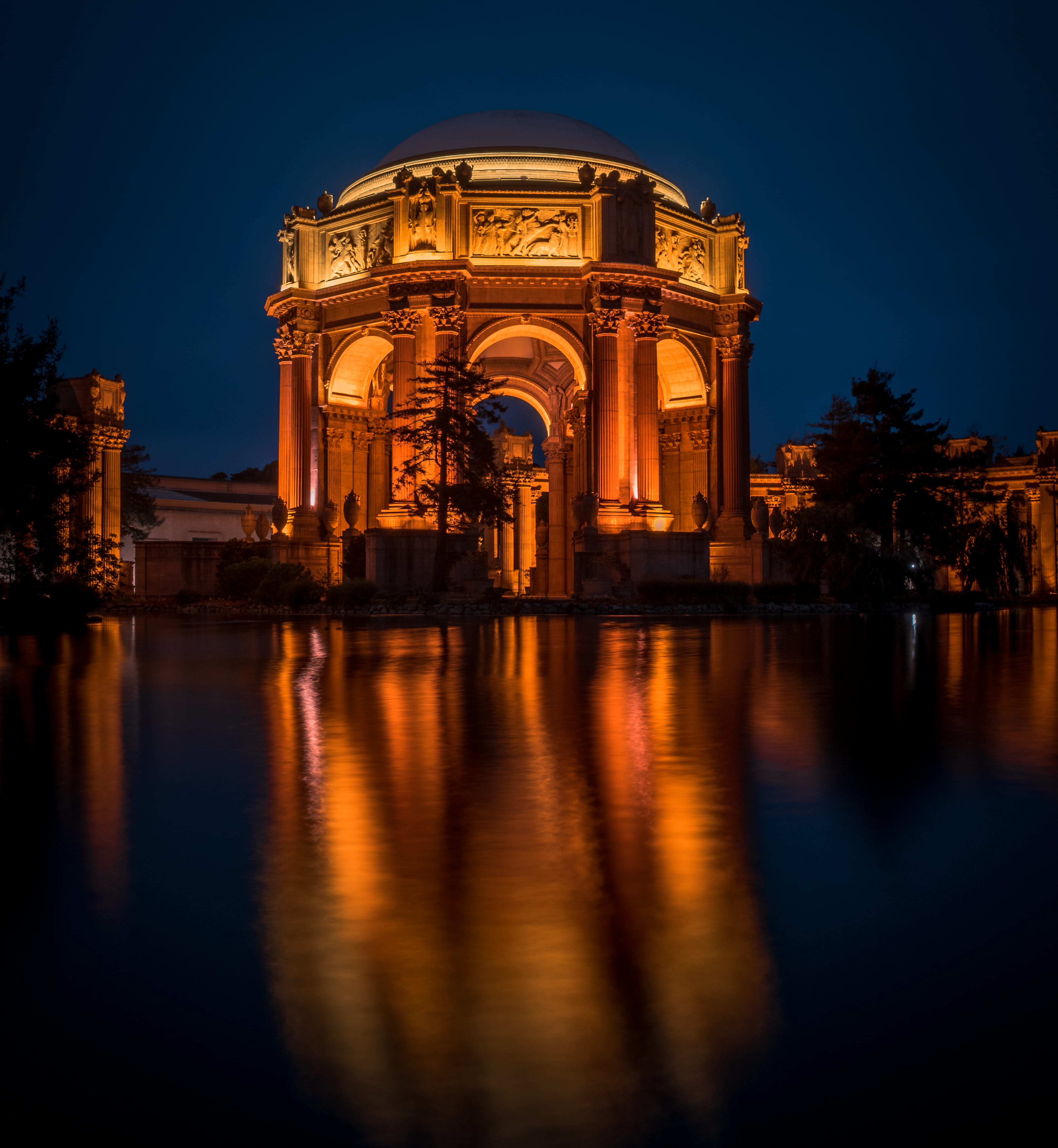 palace, architecture, mood, reflection, water, craft, blue, no people, color, sky, landscape, palace of fine arts theatre, long exposure, dusk, illuminated, Phone HD Wallpaper