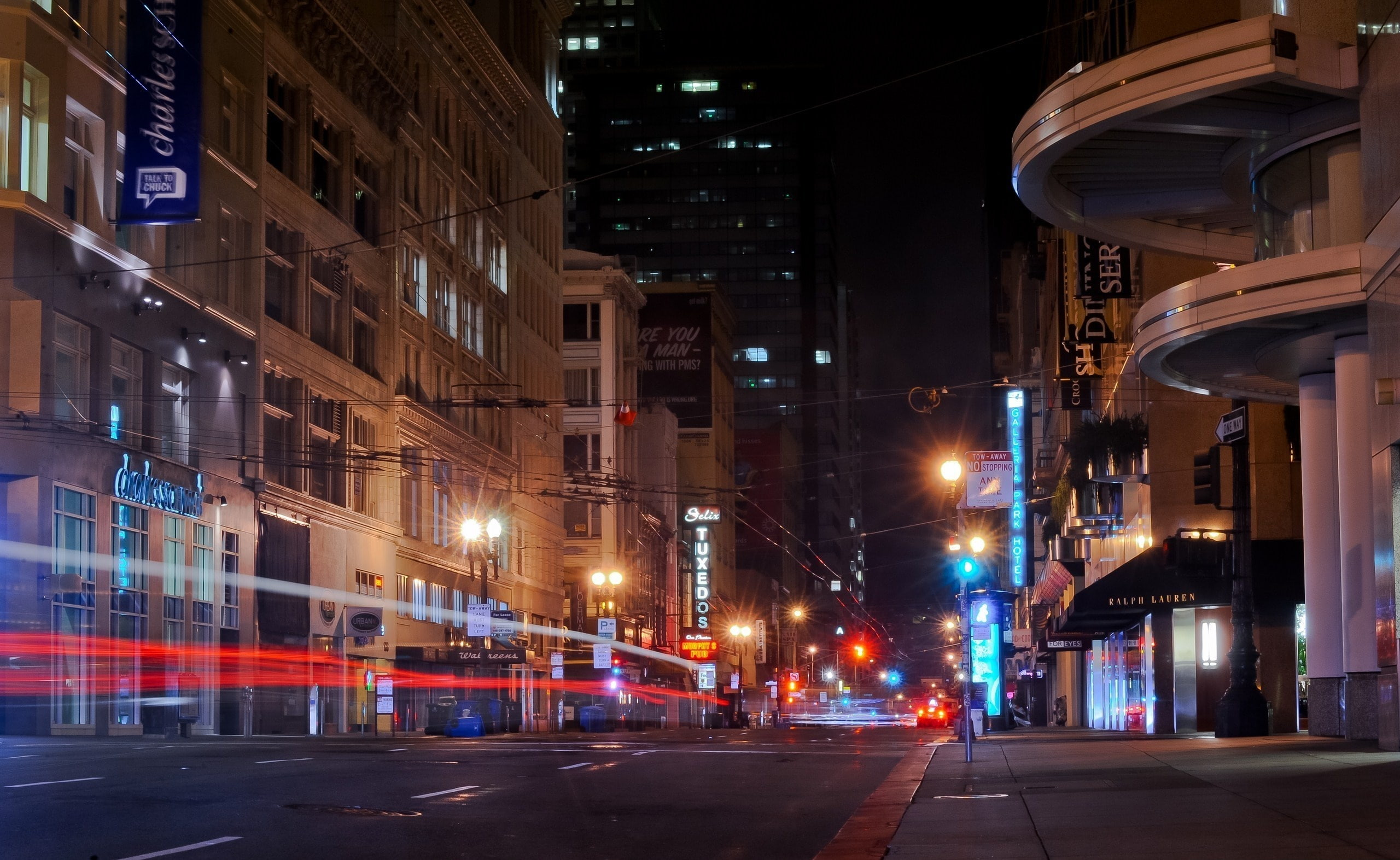 night, long exposure, building exterior, lighting equipment, outdoors, architecture, Street, California, city street, 2K, built structure, Francisco, mode of transportation, HD Wallpaper