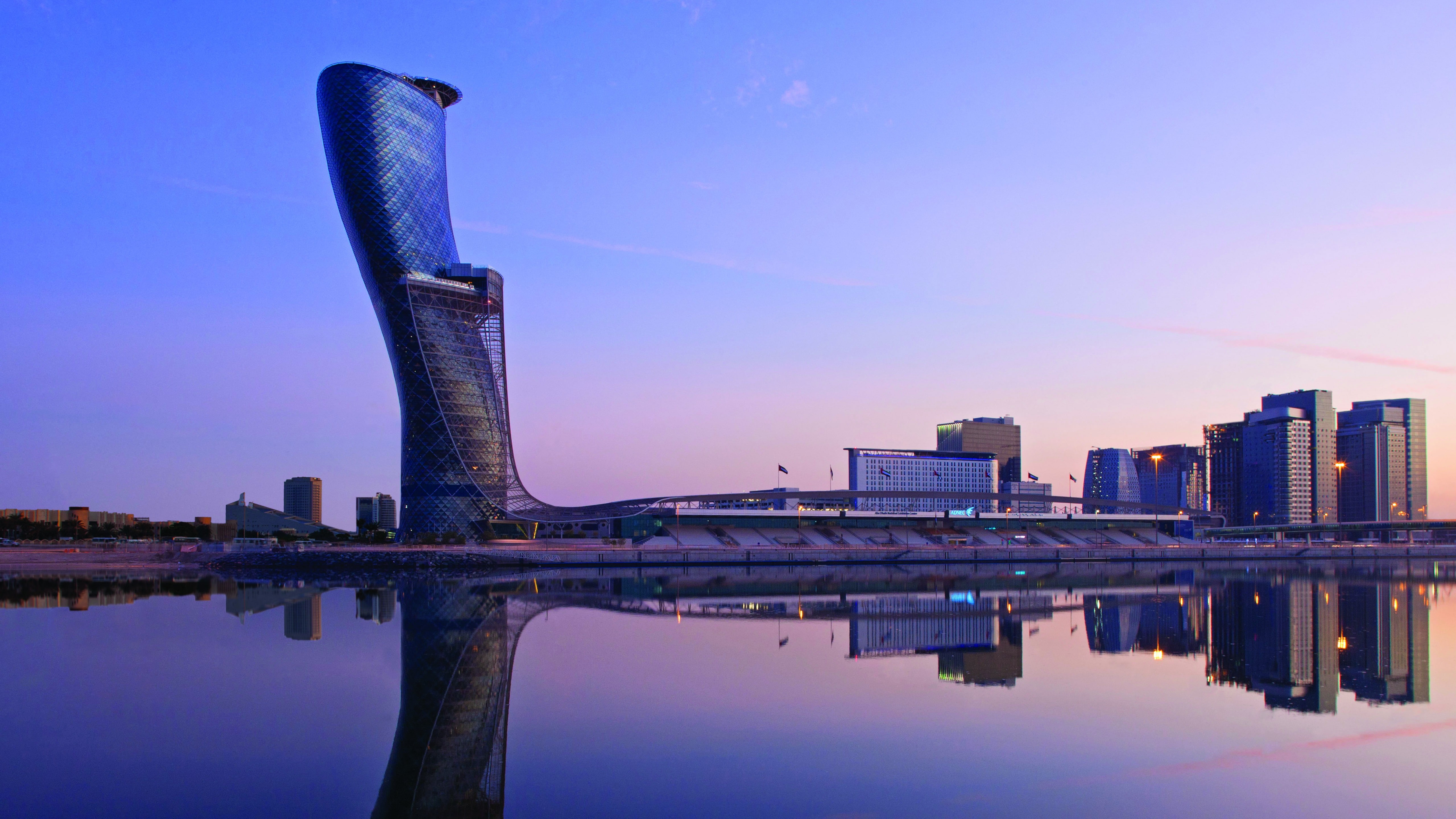 vacation, booking, high, 5K, building, body, rise, near, United Arab Emirates, tourism, Hyatt Capital Gate, Best hotels, travel, water, resort, HD Wallpaper