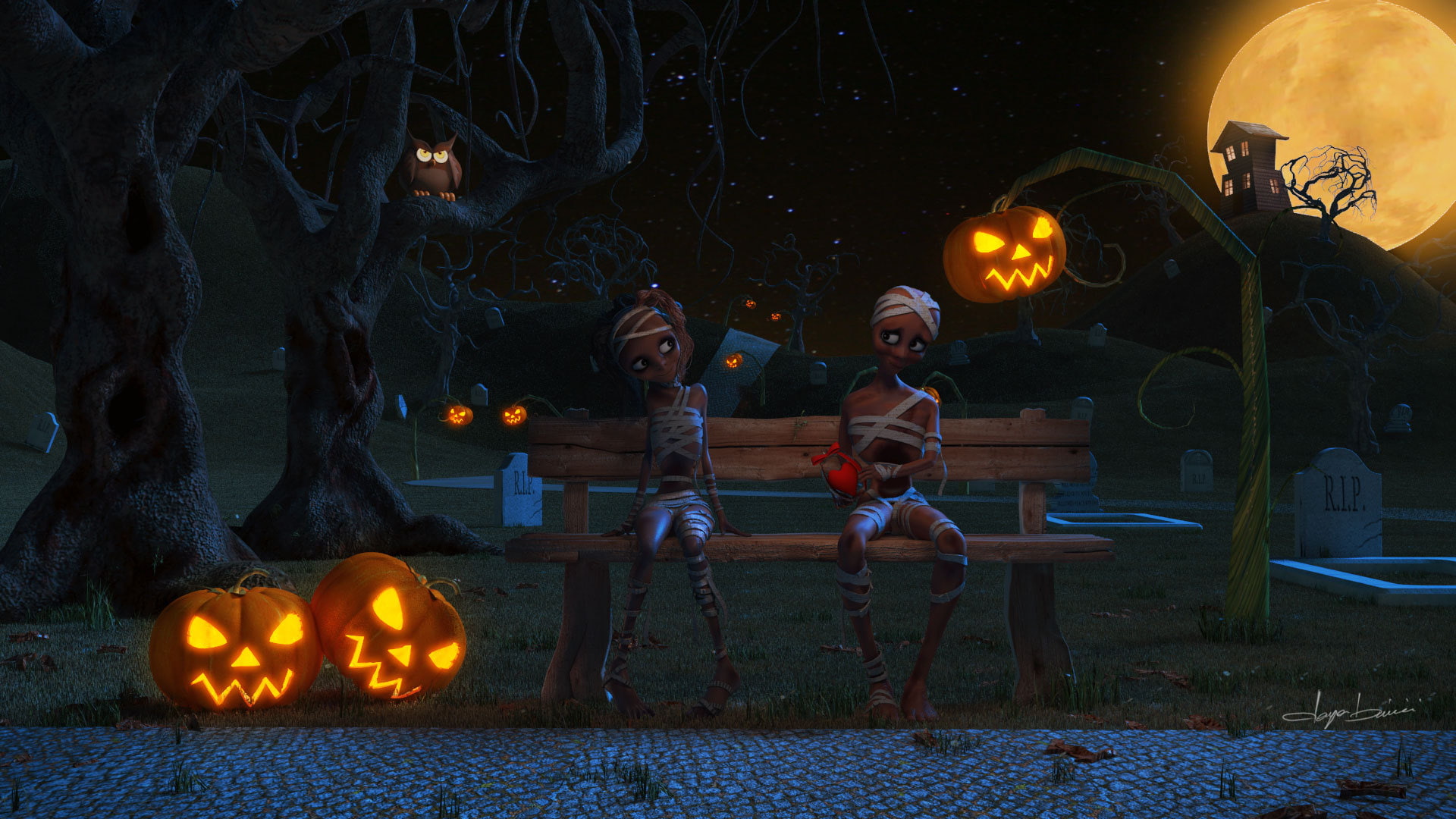 house, night, 1080P, bench, graves, boy, mummy, Halloween, art, Helloween, lantern, pumpkin, girl, shop, the moon, bandages, Valentine, Valentines Day, HD Wallpaper