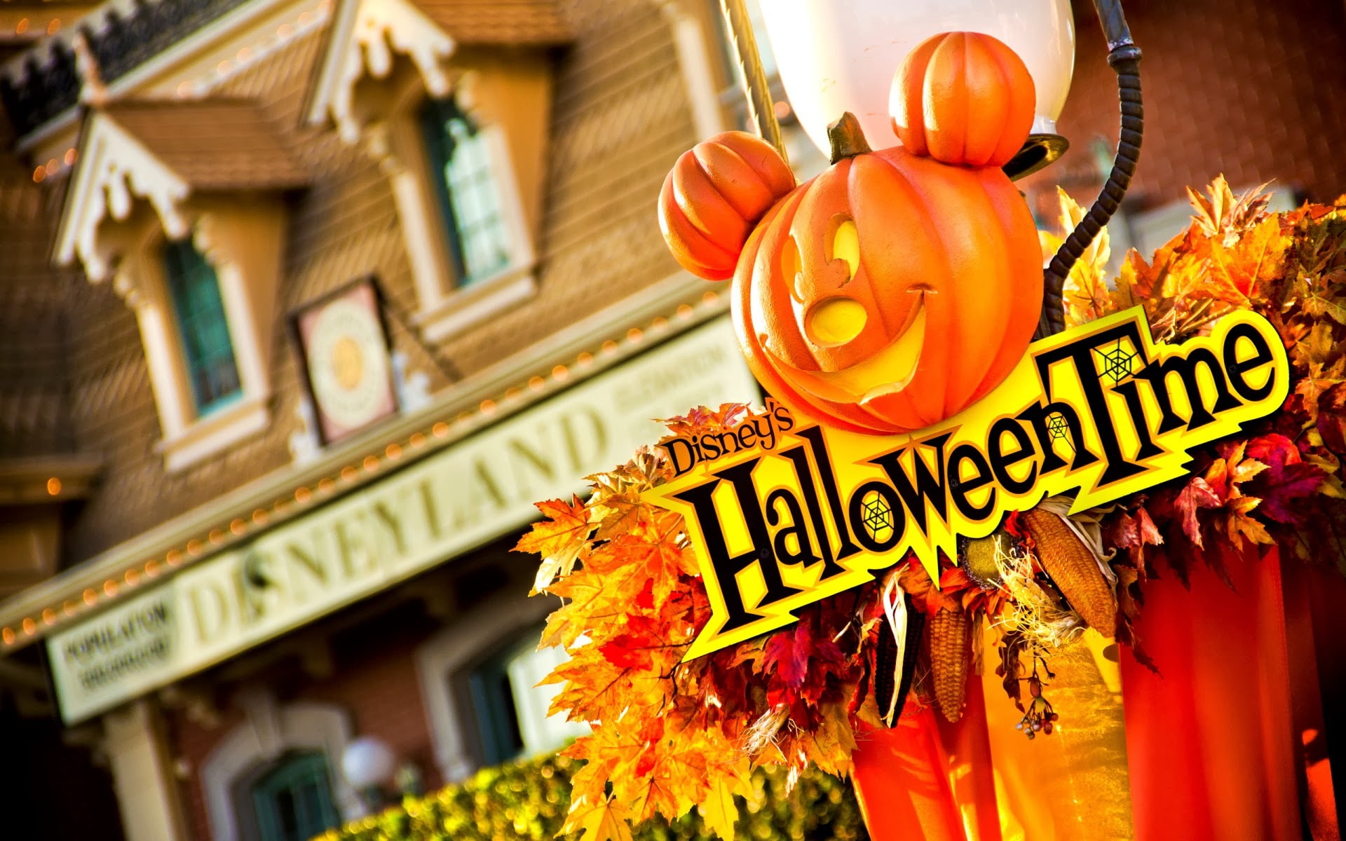 house, decoration, pumpkin, Halloween, Mickey Mouse, 1080P, leaves, Disneys Helloween Time, corn, HD Wallpaper