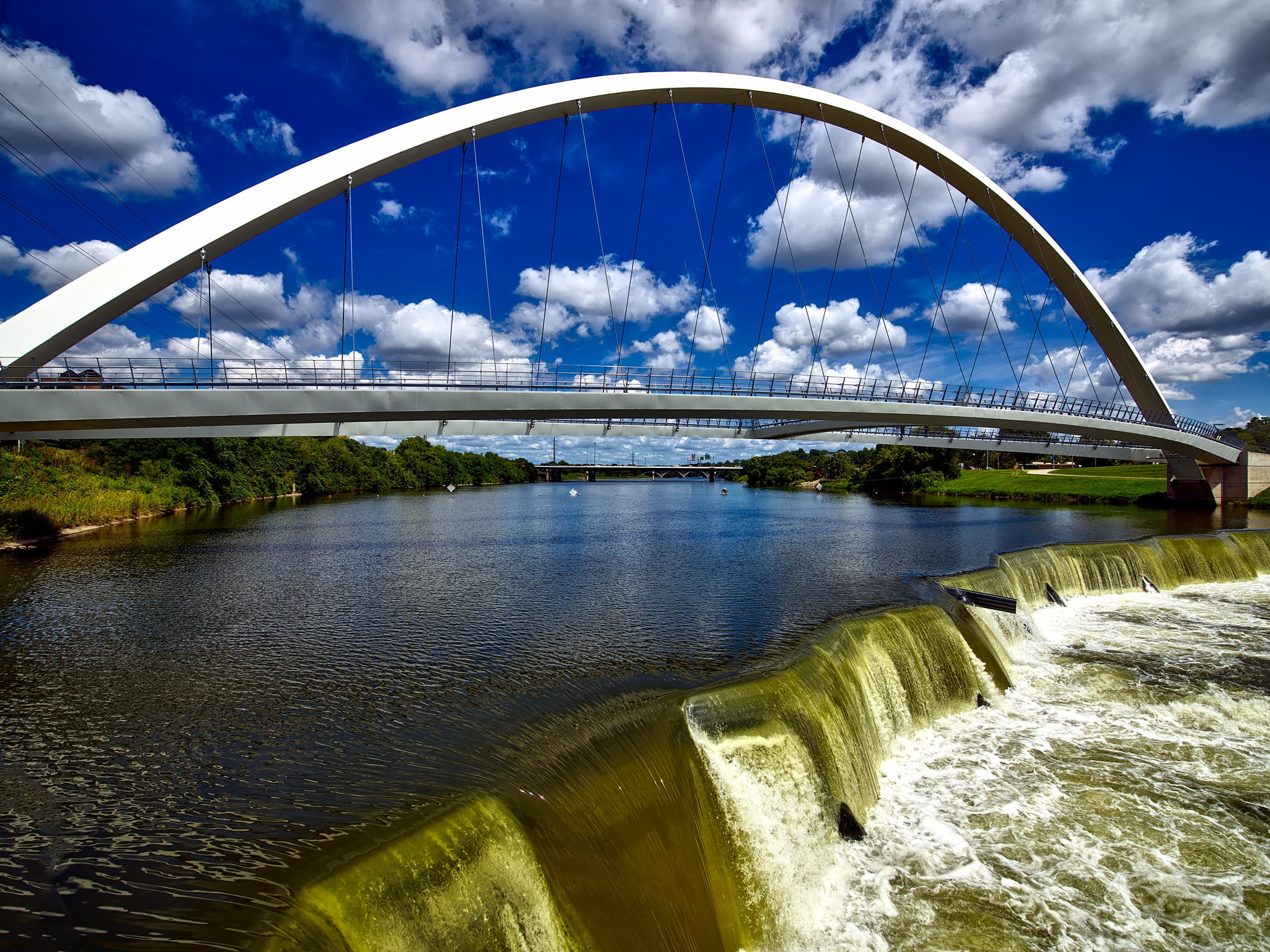 hdr, pedestrian, reflection, bridge - man made structure, iowa, 1080P, nature, white, steel, connection, falls, built structure, day, waterfall, outdoors, HD Wallpaper