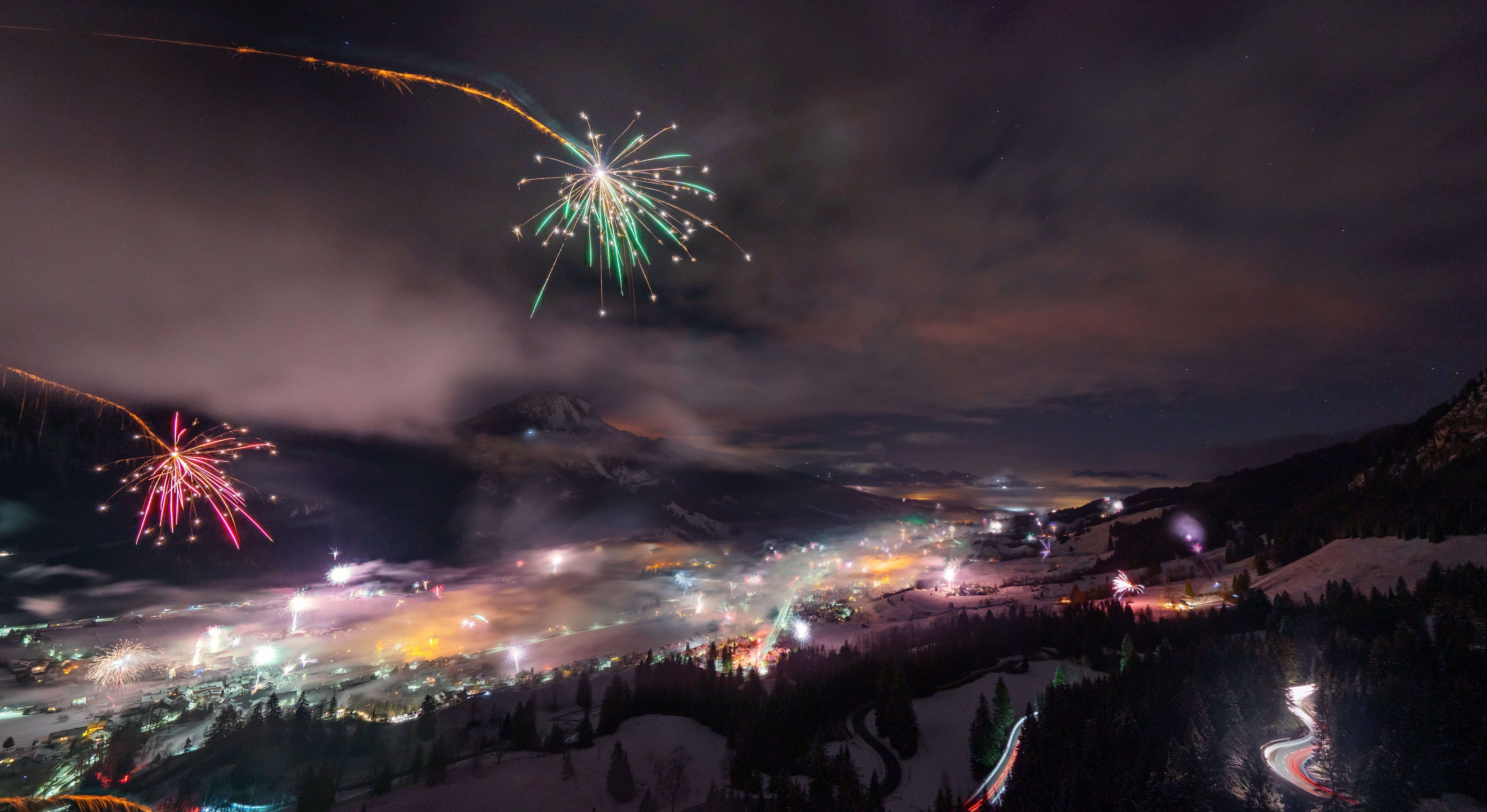 sky, new years eve, new year, night, celebration, nature, valley, motion, illuminated, city, outdoors, firework display, silvester, mountains, 5K, exploding, HD Wallpaper