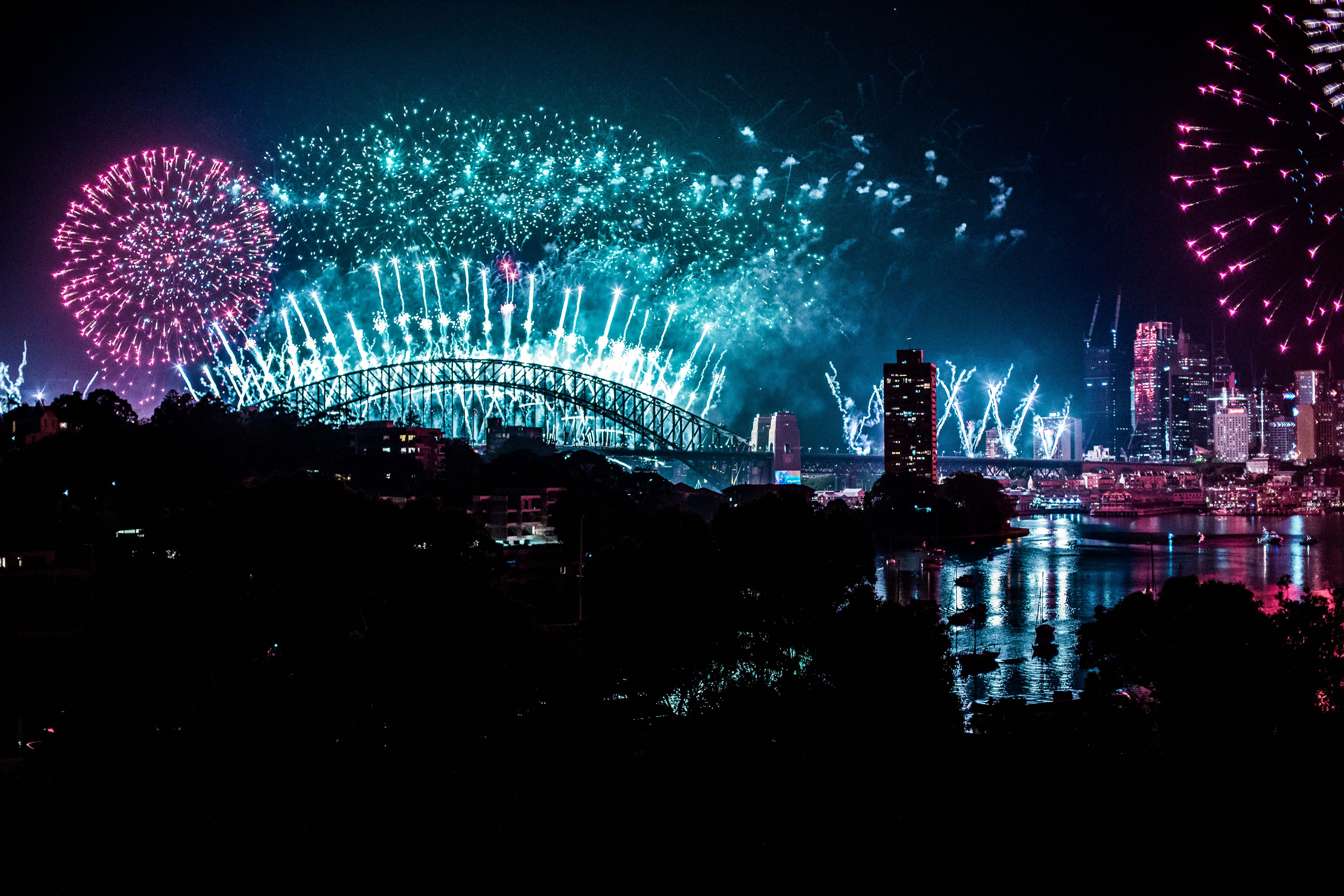 harbour, built structure, skyscraper, 5K, night, travel destinations, fireworks, new years eve, city, building exterior, sky, celebration, water, illuminated, HD Wallpaper