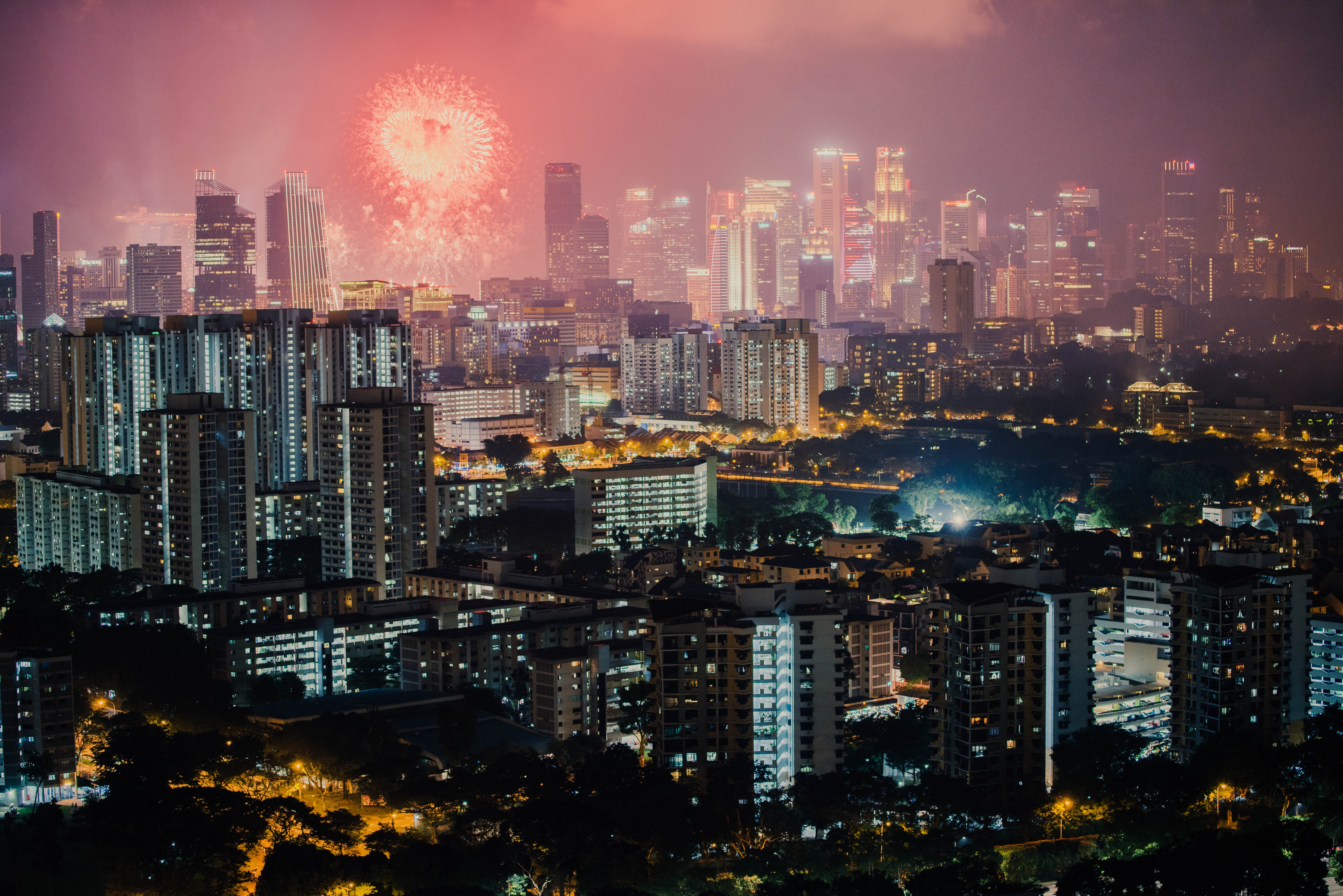 downtown District, residential District, nye, celebration, new year, skyline, building Exterior, travel, urban Scene, july 4th, illuminated, dark, outdoors, HD Wallpaper