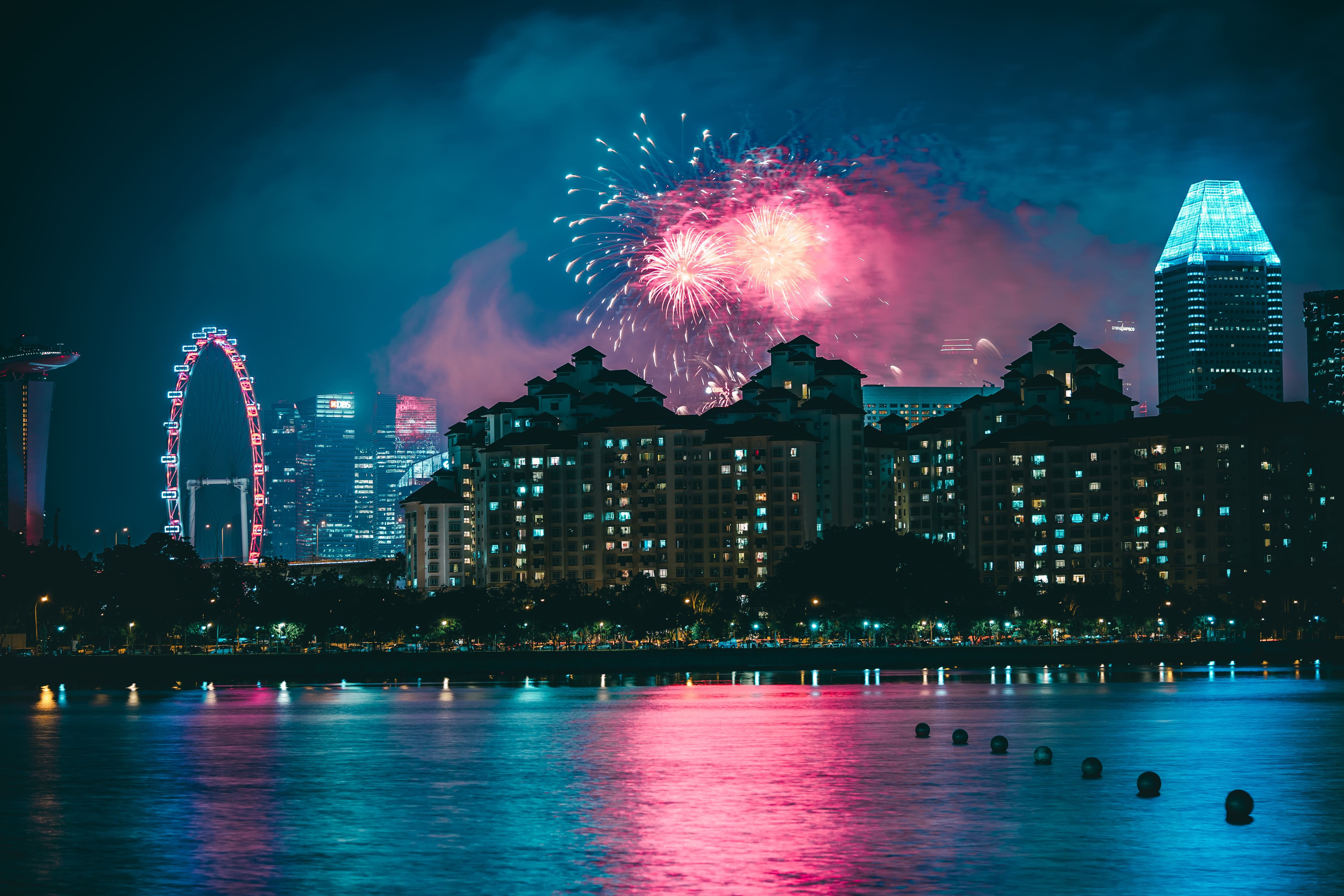 sea, dark, skyscraper, new year, fireworks, new years eve, urban Skyline, celebration, building, singapore, harbor, sky, famous Place, built Structure, HD Wallpaper
