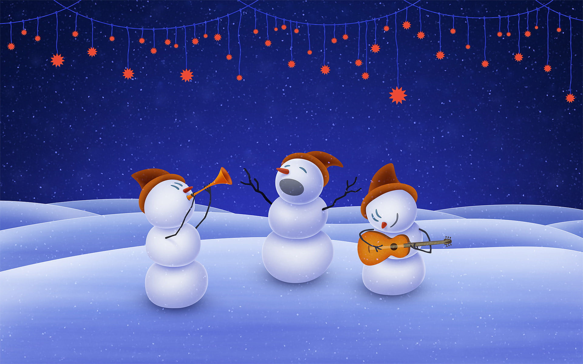 cold temperature, representation, stars, snowman, decoration, winter, nature, snowmans, animal, holiday, mammal, snow, snowing, music, night, blue background, HD Wallpaper