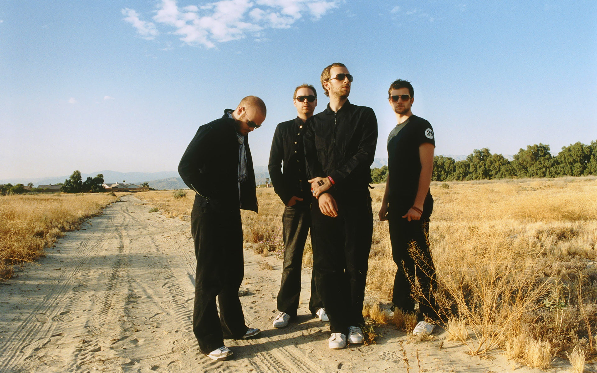 coldplay, 1080P, s, males, black, nature, pants, sunlight, standing, Coldplay Band, looking at camera, full length, sky, portrait, men, field, outdoors, HD Wallpaper