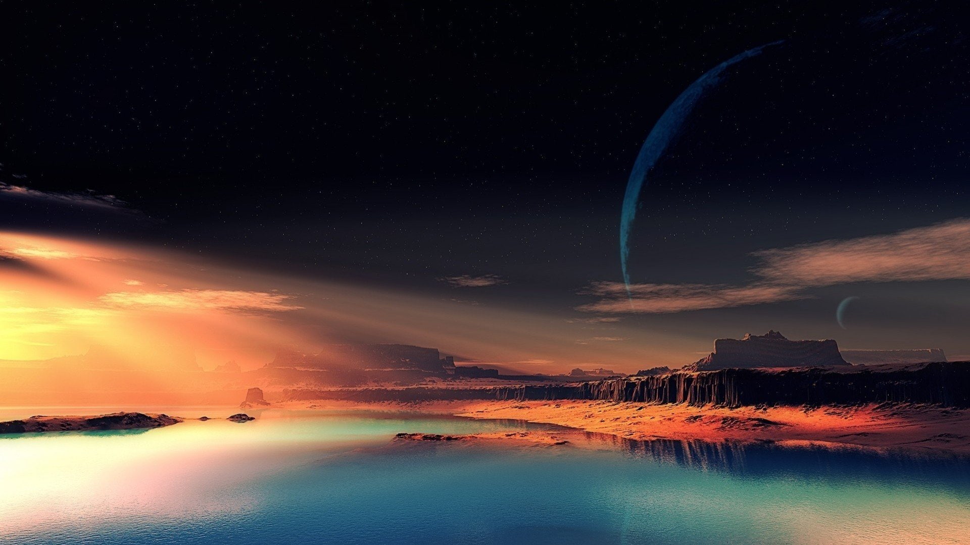 1080P, oceanscape, sunset, sunbeam, HD Wallpaper