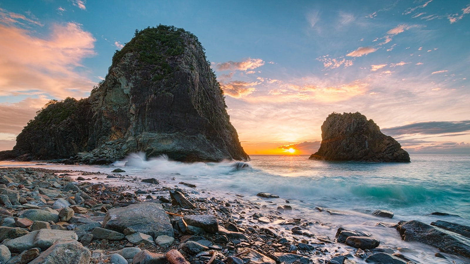 white, emerald, nature, yellow, clouds, 720P, landscapes, dome, rocks, sunset, japan, light, sea, coast, blue, beaches, skies, oceanscape, HD Wallpaper