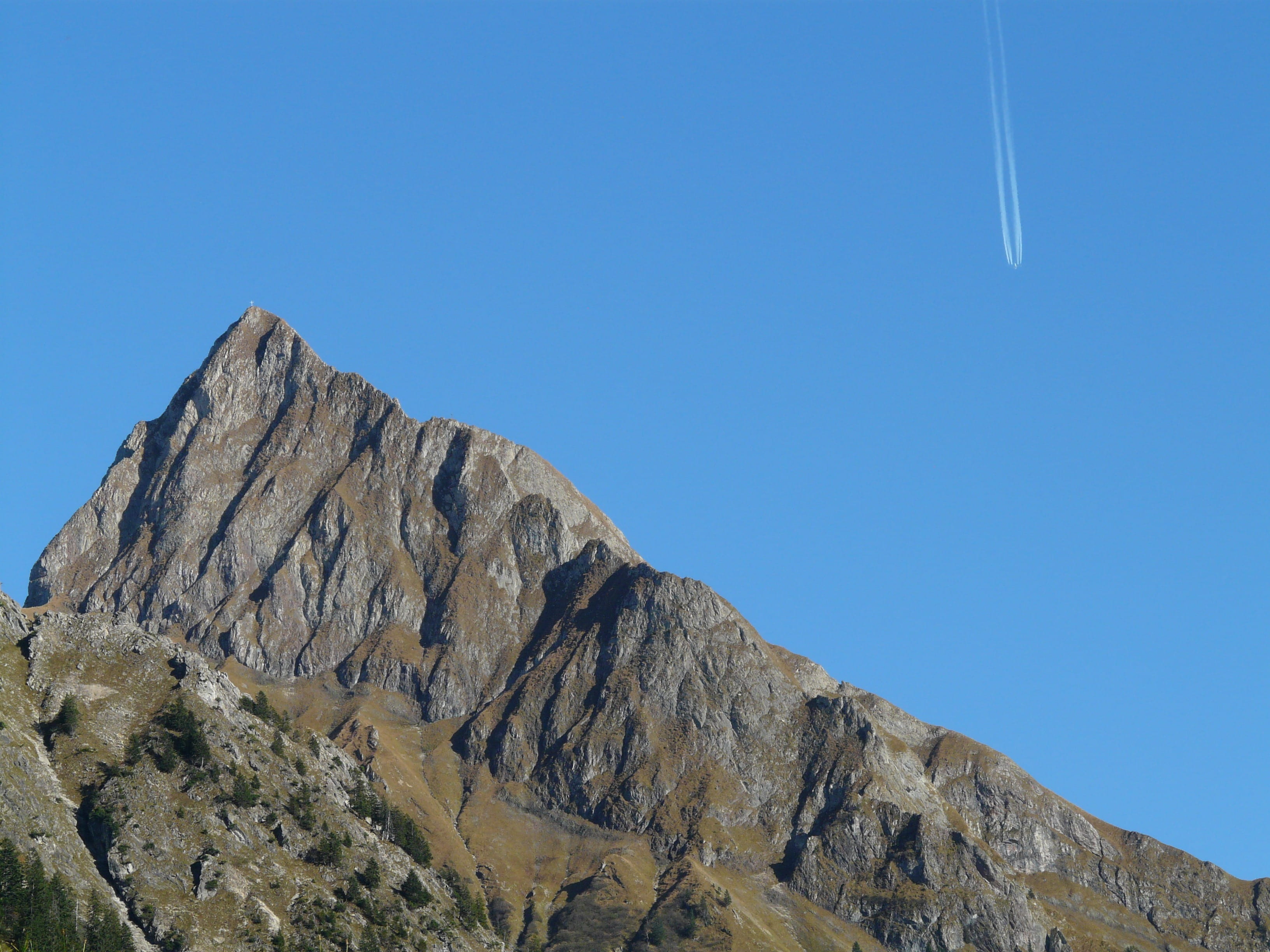 landscape, clear sky, summit cross, aircraft, allgäu alps, oberstdorf, steinig, sky, contrail, scenics, imposing, mountain, hiking, impressive, travel, HD Wallpaper