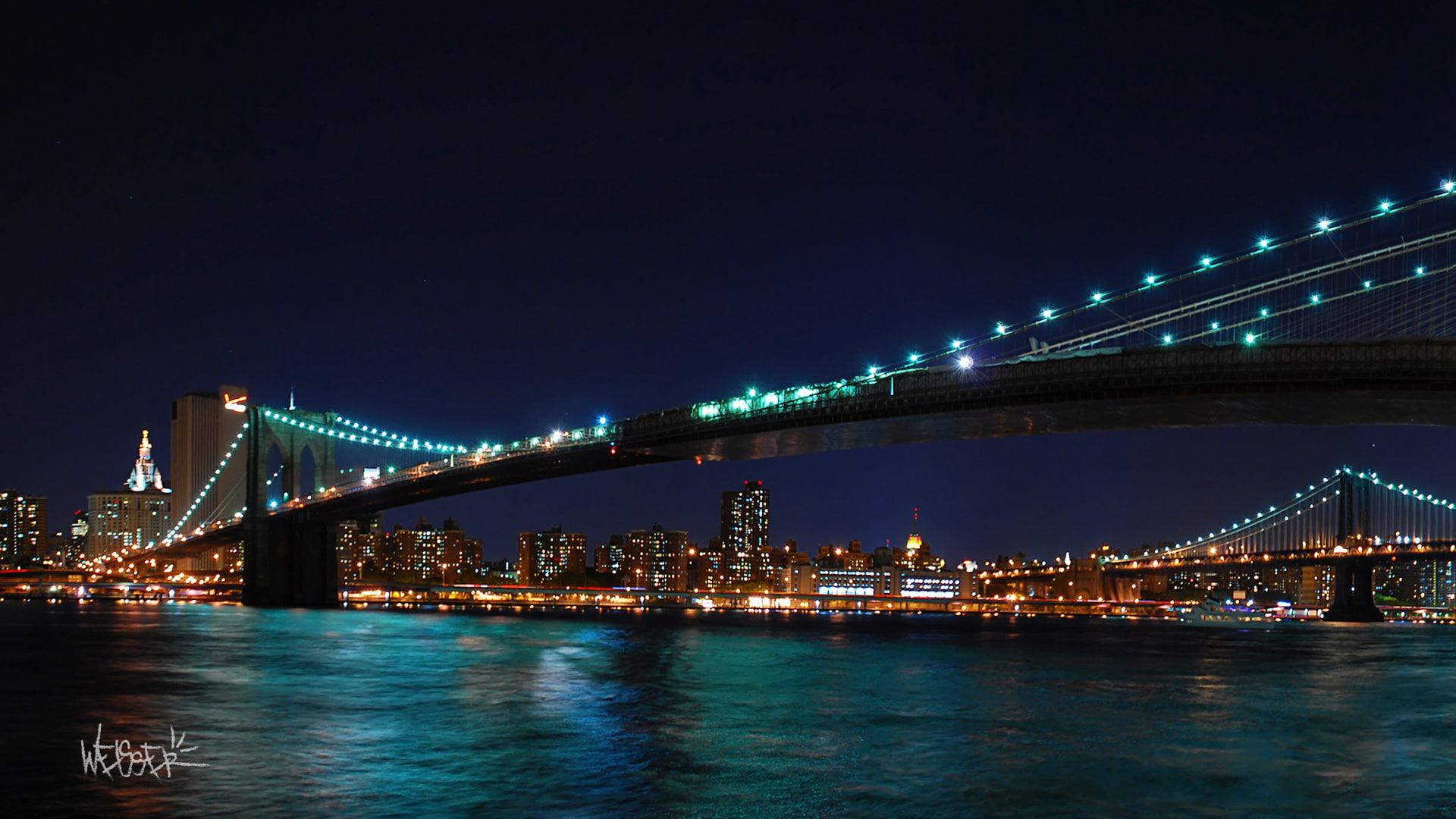 river, transportation, Moon, water, Harvest, built structure, Brooklyn, night, illuminated, 1080P, building exterior, bridge, new, bay, York, architecture, HD Wallpaper