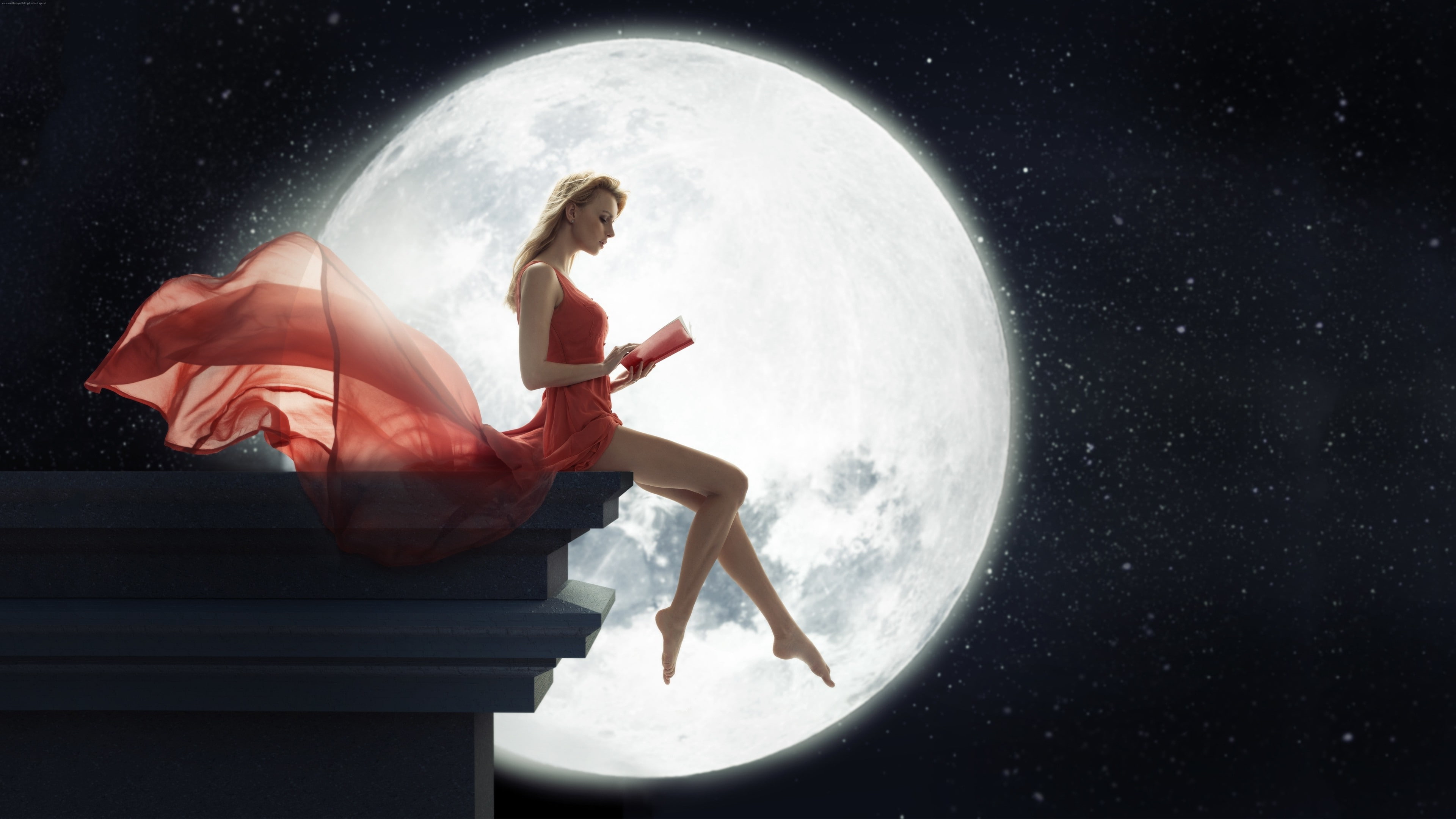 sky, young adult, Women Outdoors, planet - space, 4K, sphere, digital composite, Reading, one person, red Dress, dark, fantasy, night, books, beautiful woman, HD Wallpaper
