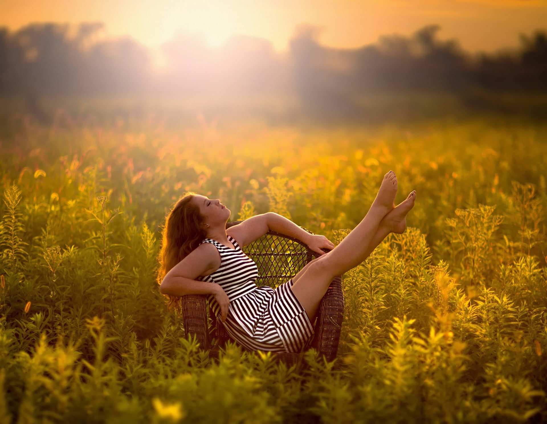 relaxation, beauty in nature, Jake Olson, sunlight, grass, sky, plant, land, beautiful woman, Striped Clothing, 1080P, Chair, young adult, tranquility, HD Wallpaper