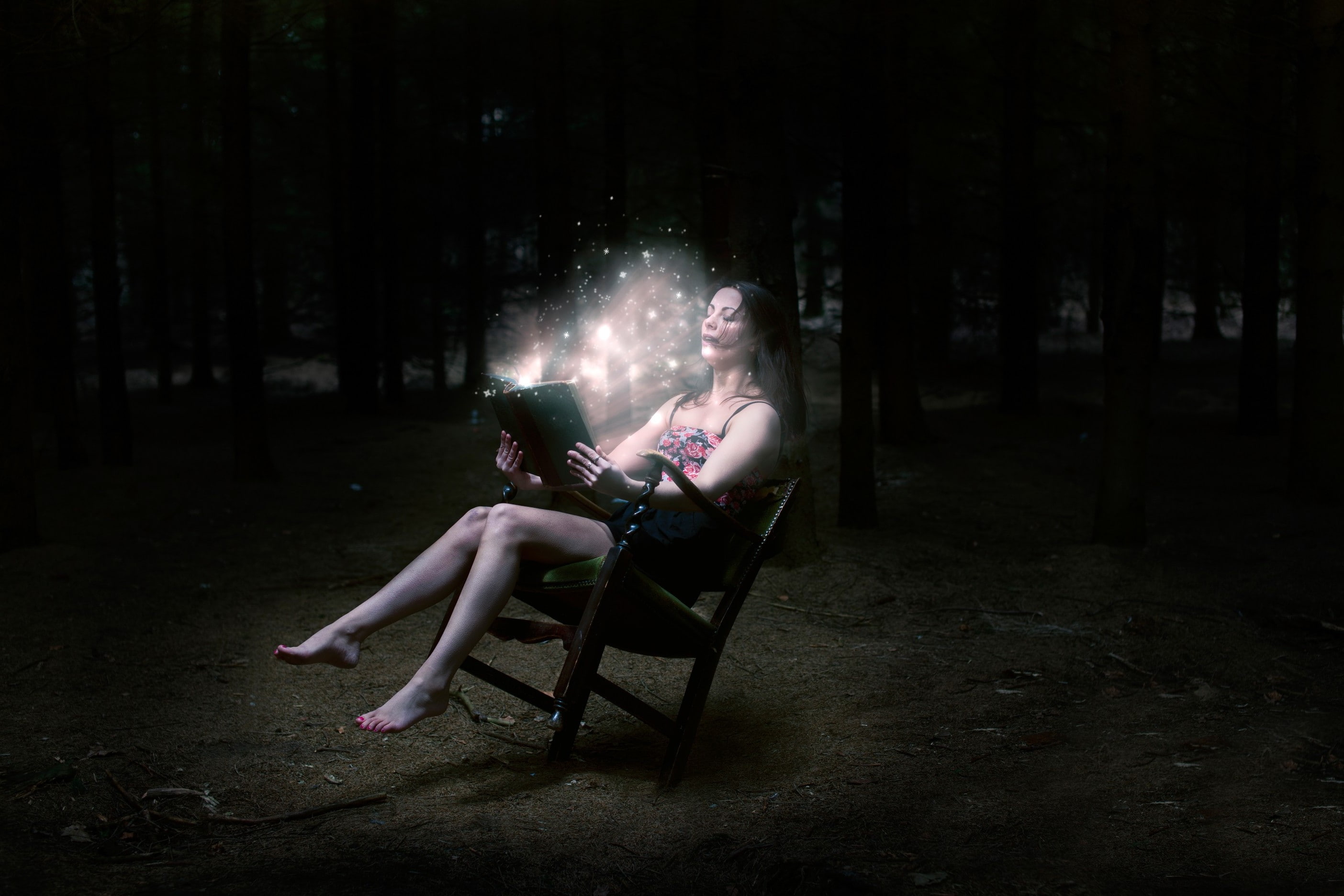 Chair, women, Magic, legs, Women Outdoors, Long Hair, Glowing, books, Dark, Bare Shoulders, fantasy Art, Photo Manipulation, 2K, Fairy Tale, model, Trees, HD Wallpaper