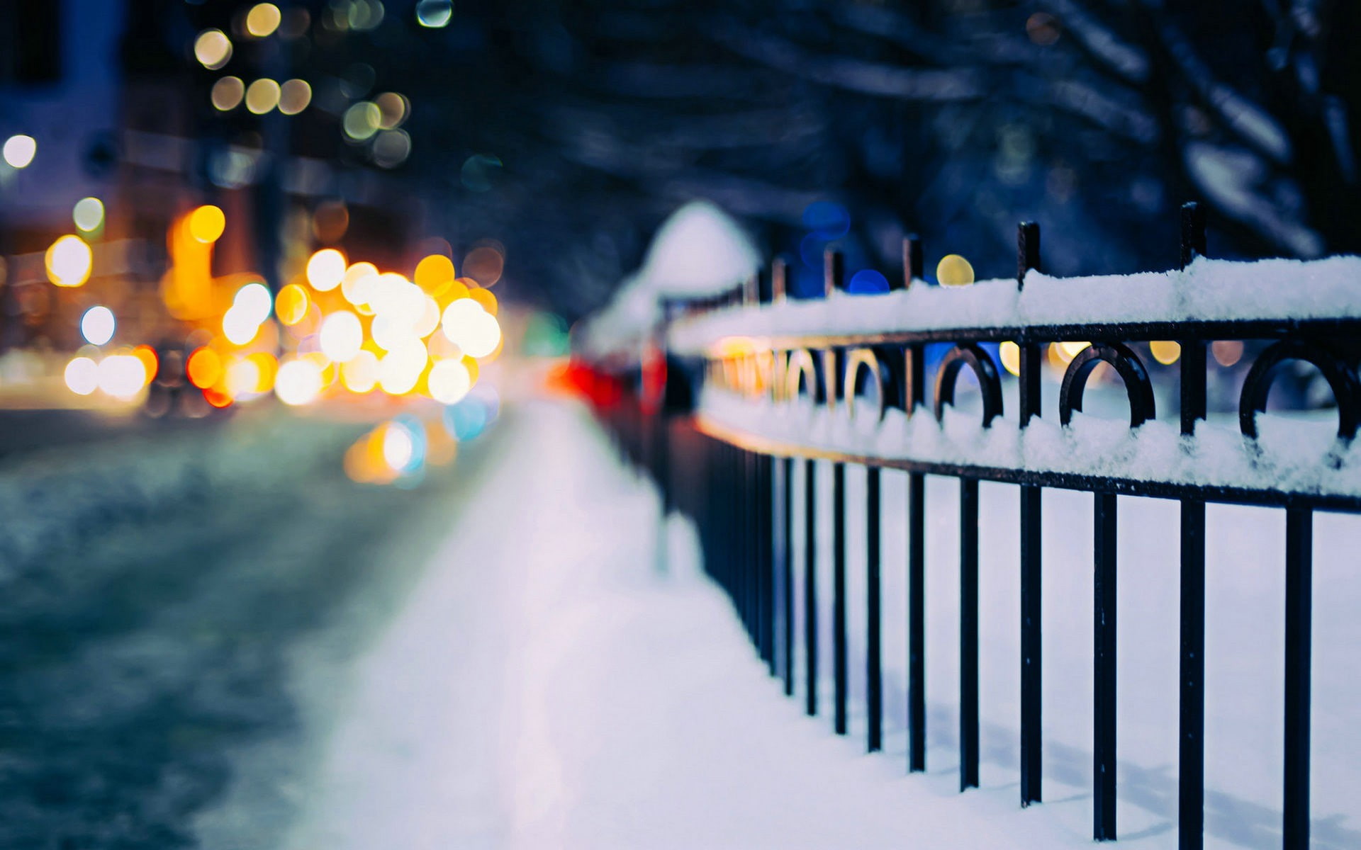 urban, 1080P, depth of field, bokeh, fence, lights, street, winter, snow, HD Wallpaper