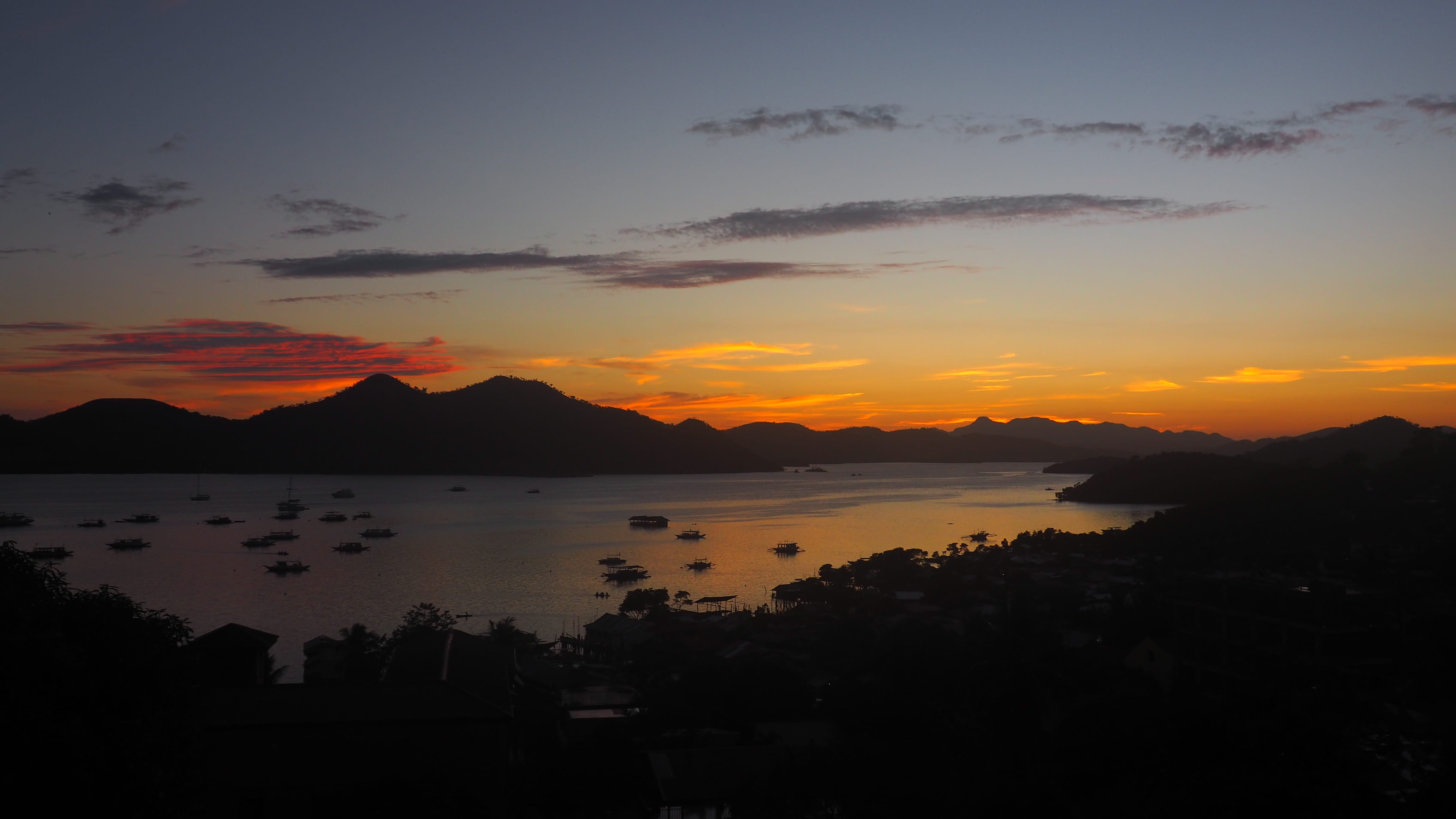 4K, sunset, mountain range, coron island, orange color, non-urban scene, sundowner, idyllic, reflection, tranquil scene, sea, water, harbour, mountain, HD Wallpaper