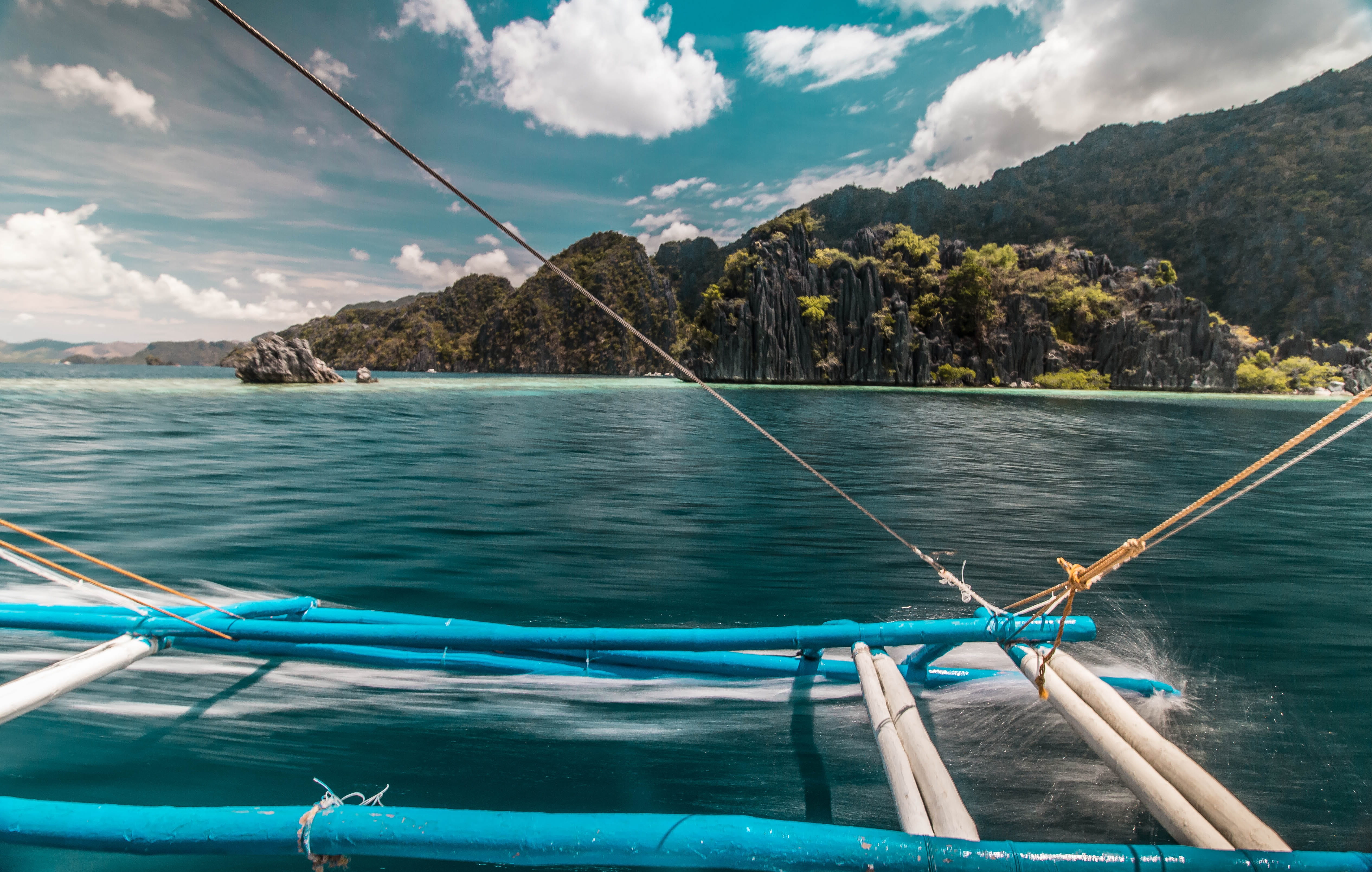mode of transportation, 4K, no people, coron, sea, beauty in nature, rope, sky, water, scenics - nature, sailboat, nature, mountain, boat, nautical vessel, HD Wallpaper