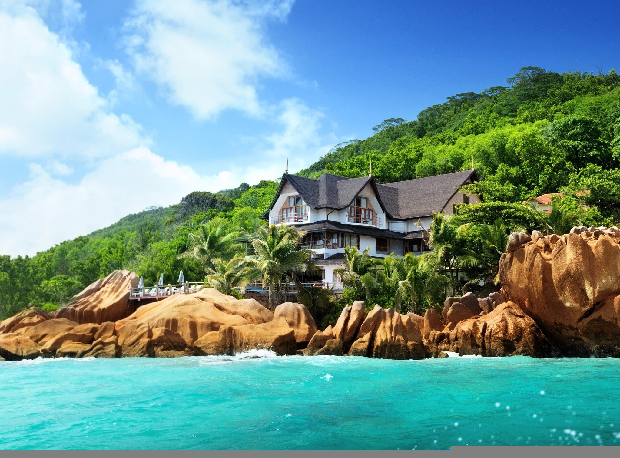 Seychelles, 1080P, beach, house, island, nature, ocean, trees, hotel, stones, HD Wallpaper